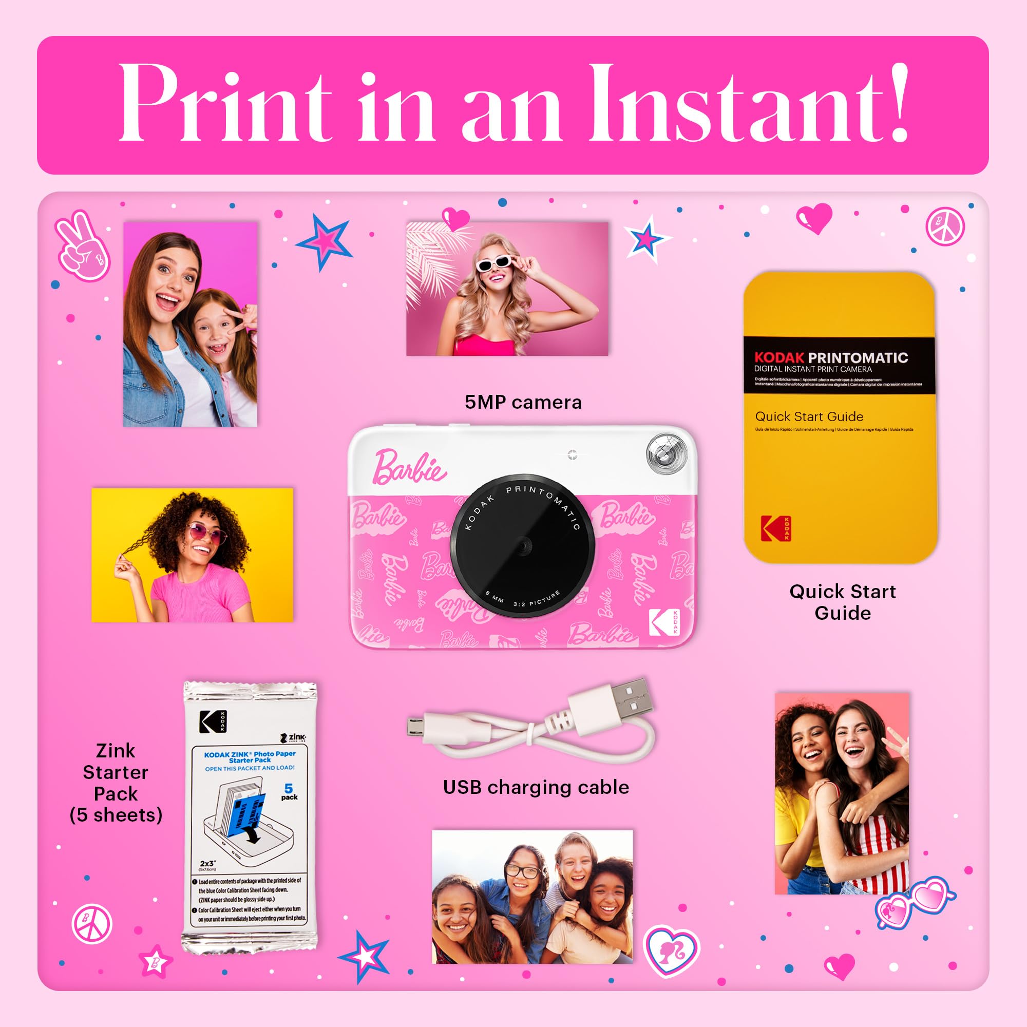 Barbie X Kodak Printomatic Full Color Instant Print Digital Camera   5Mp Portable Barbie Camera Prints Colorful 2X3    Sticky Ba