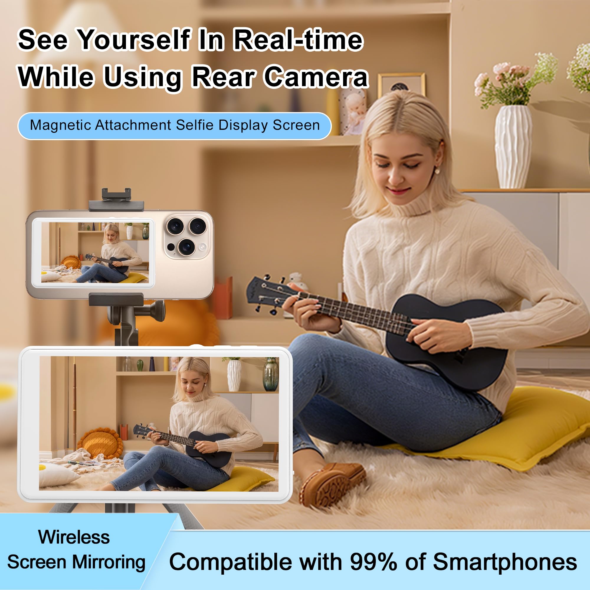 Selfie Monitor Screen For Iphone/Android,Magnetic Phone Vlog Selfie Screen With 1800Mah Battery&Bluetooth Remote,Wireless Back C