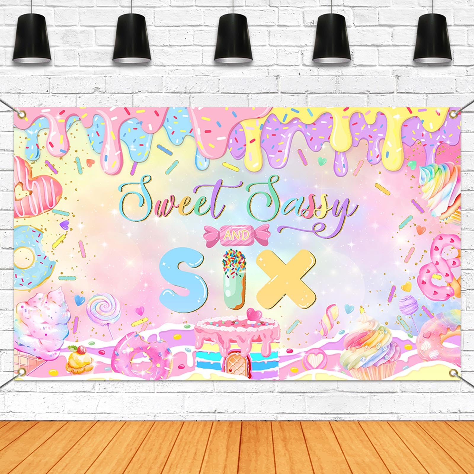 Mocsicka Donut 6th Birthday Banner Backdrop Sweet Sassy and Six Birthday Decorations Banner for Girls Sixth Birthday Party Banne