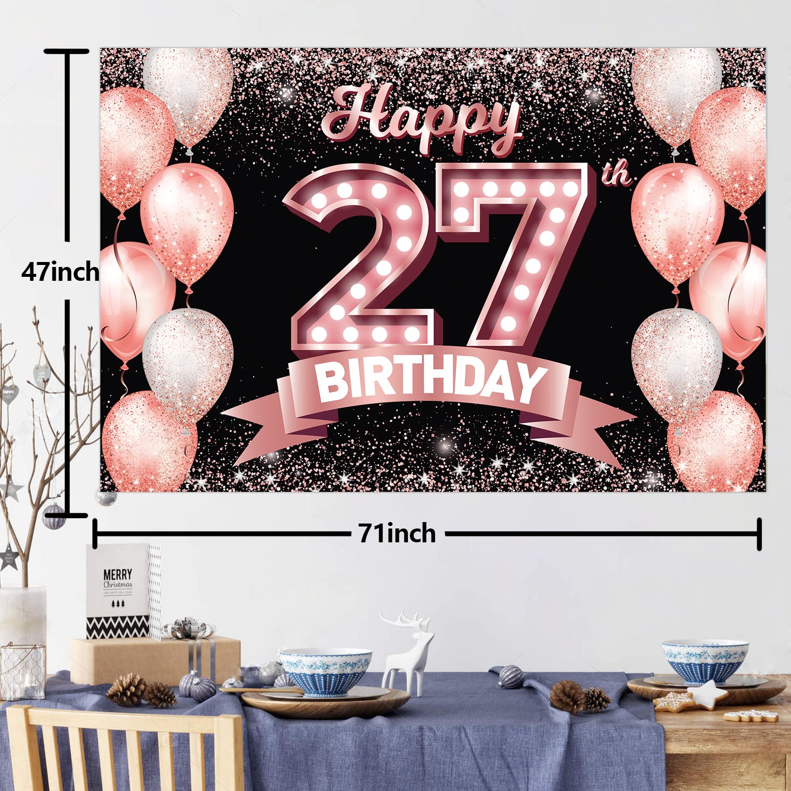 Happy 27Th Birthday Rose Gold Banner Backdrop Cheers To 27 Years Old Confetti Balloons Theme Decor Decorations For Women 27 Year