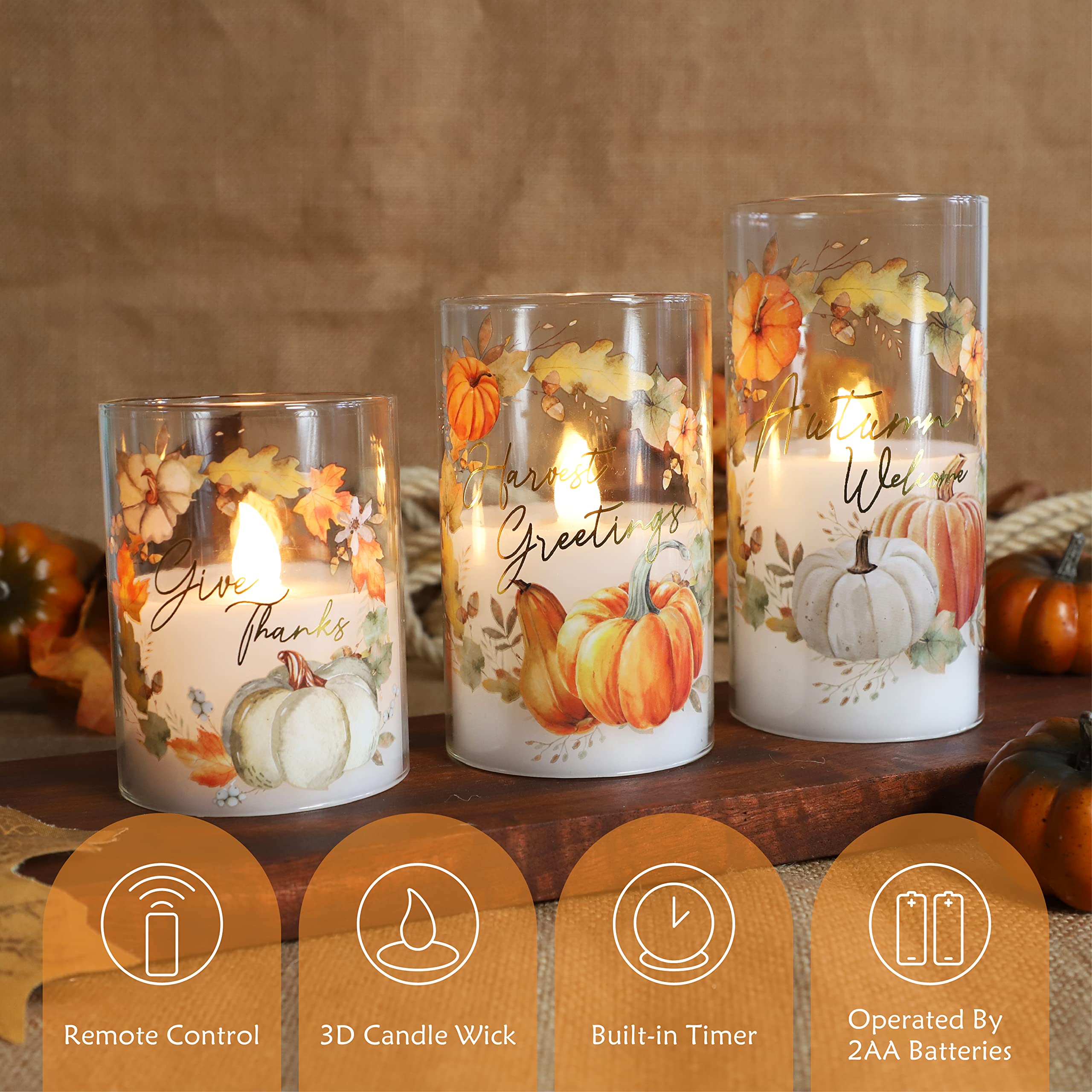 Gorge Moment Flameless Led Candles For Fall With Remote Timer Set Of 3 Thanksgiving Gift Decorations Warm Lights Dim Home Decor
