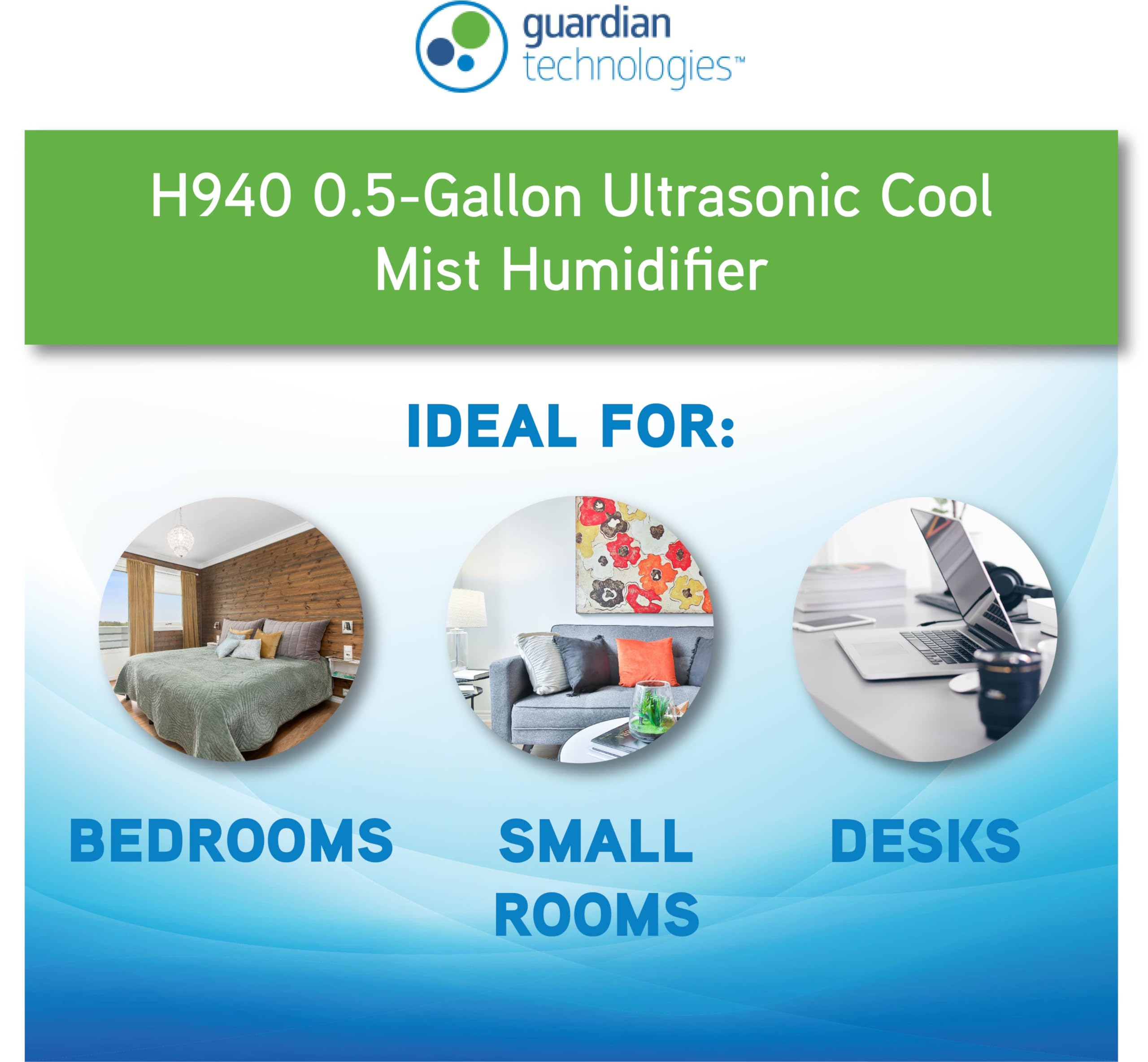 Pureguardian Ultrasonic Cool Mist Humidifier, 30 Hrs. Run Time, 0.5 Gal. Tank Capacity, 350 Sq. Ft. Coverage, Small Rooms, Quiet