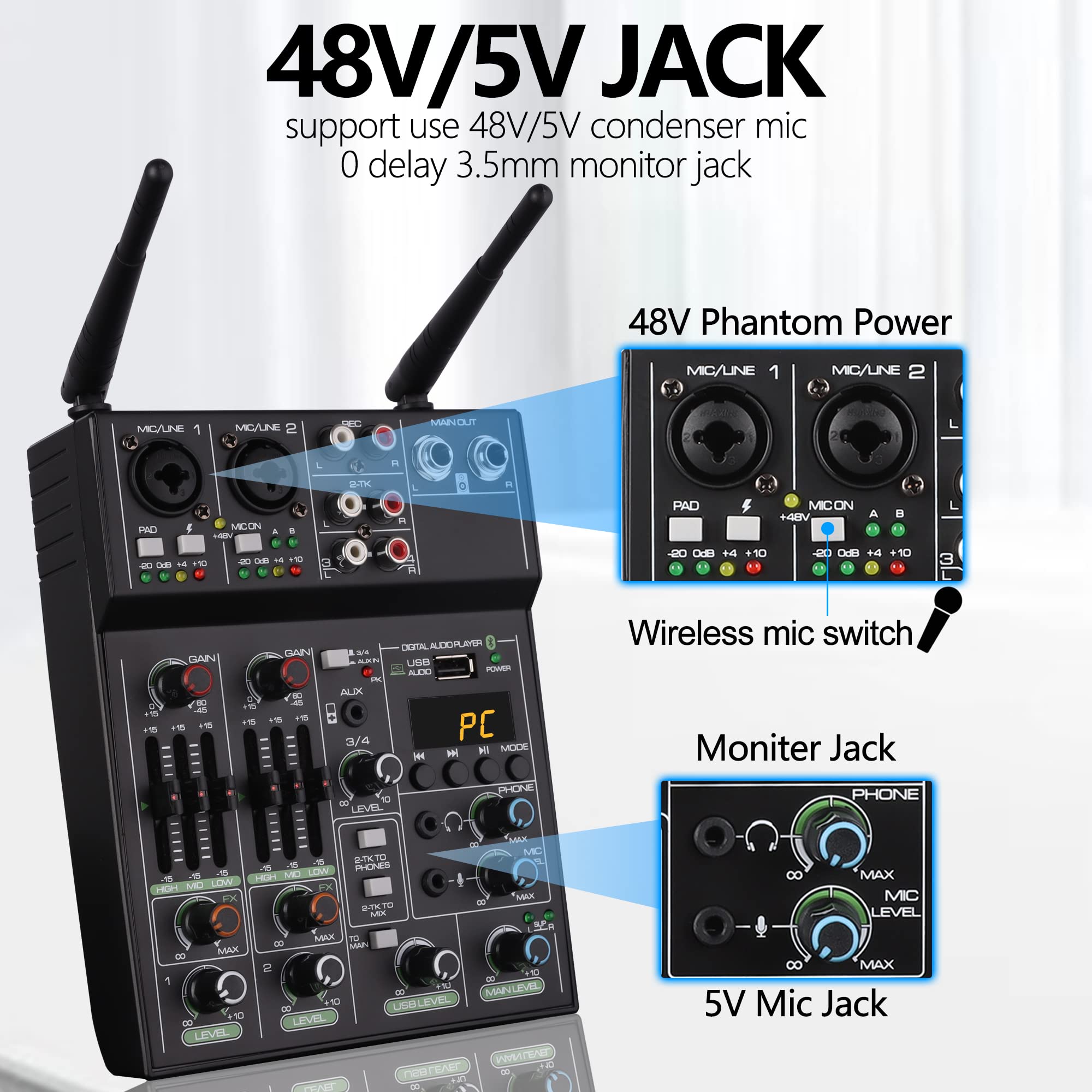 Professional Audio Mixer With Dual Wireless Microphone, Sound Board Console System Interface 4 Channel Dj Mixer Usb Bluetooth Mp