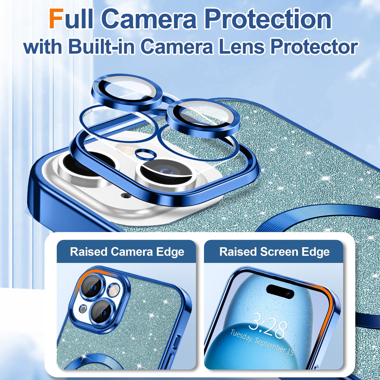 Hython For Iphone 15 Case Glitter, Clear Magnetic Phone Cases With Camera Lens Protector [Compatible With Magsafe] Bling Sparkle