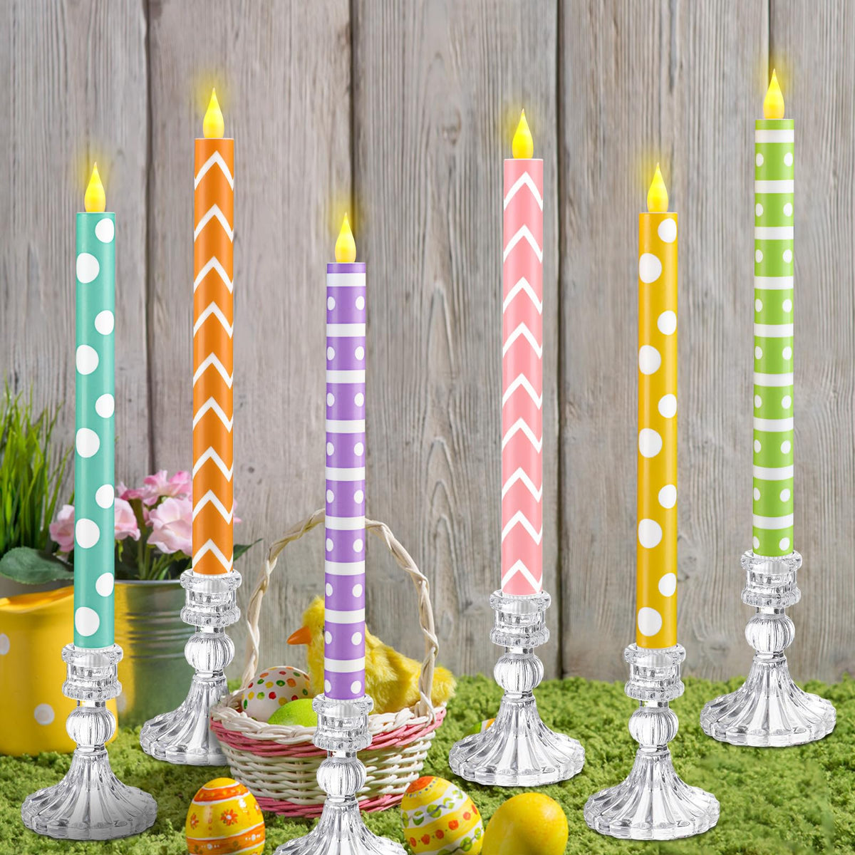 Honoson 6 Pcs Easter Flameless Taper Candles 10.6 Inch Colorful Candles Battery Operated Led Candlesticks For Easter Dinner Tabl