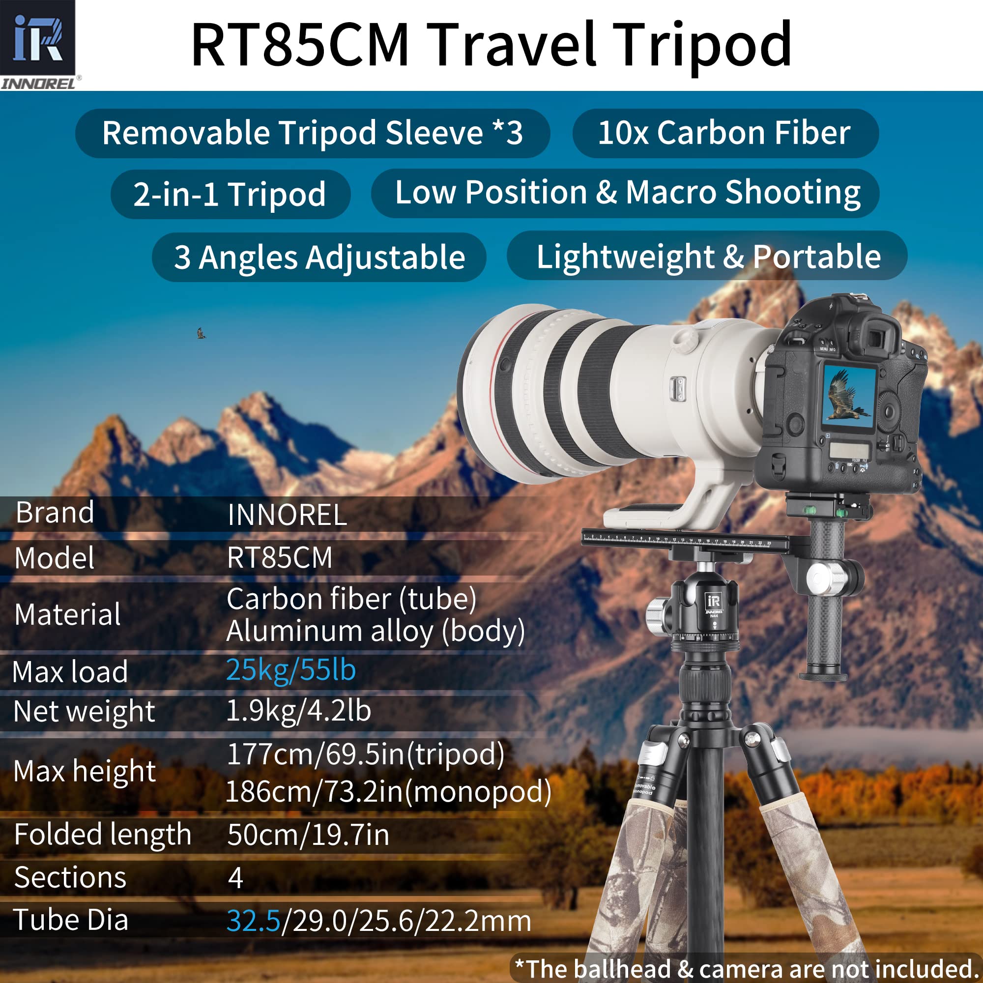 Carbon Fiber Tripod Innorel Rt85Cm Without Ballhead Super Professional Tripod Monopod Heavy Duty Stand Support For Digital Dslr Camera Brown Camouflage