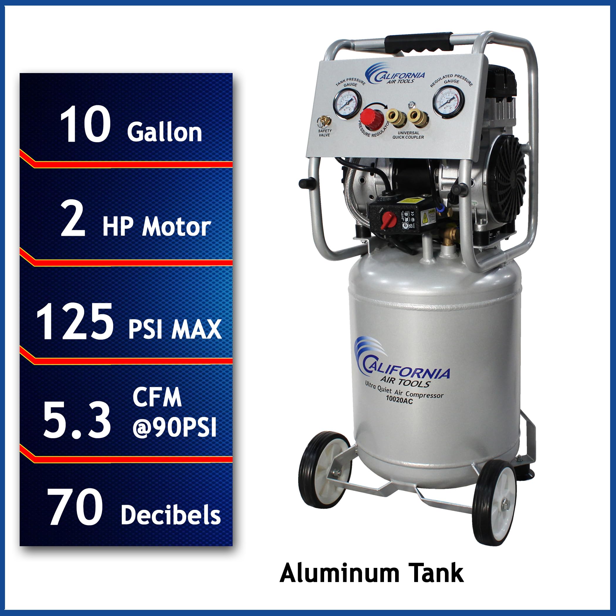 California Air Tools 10020Acad Ultra Quiet & Oil-Free 2.0 Hp, 10.0 Gal. Aluminum Tank Air Compressor W/Auto Drain