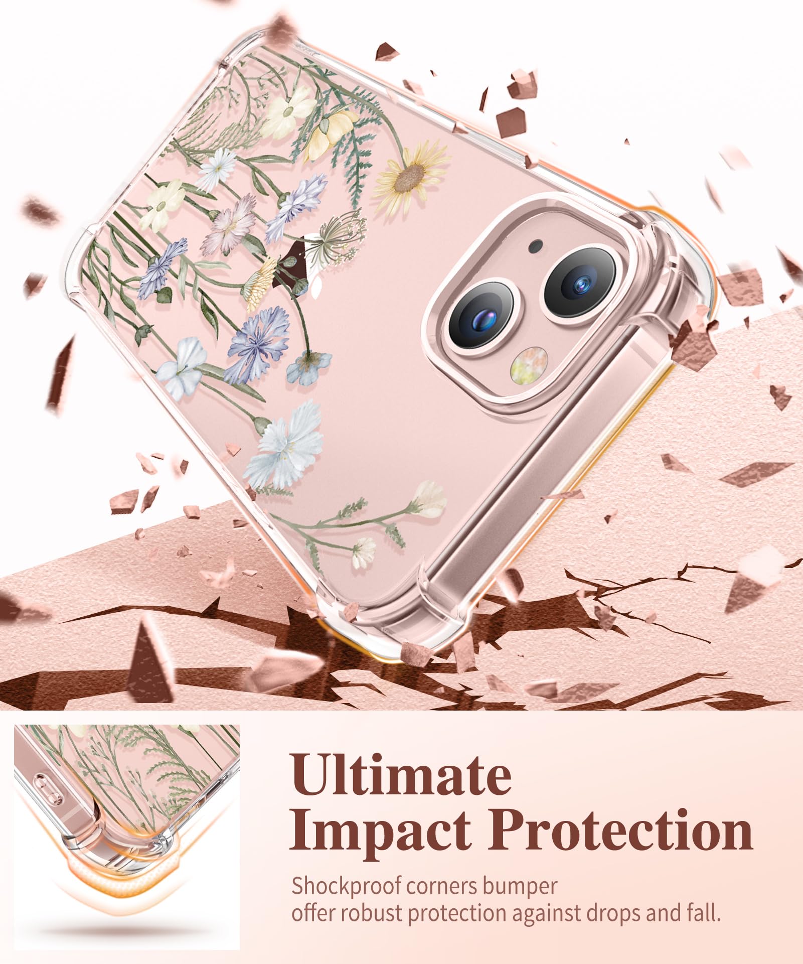 Gviewin Designed For Iphone 13 Case 6.1 Inch, With Tempered Glass Screen Protector + Camera Lens Protector Clear Flower Soft & F