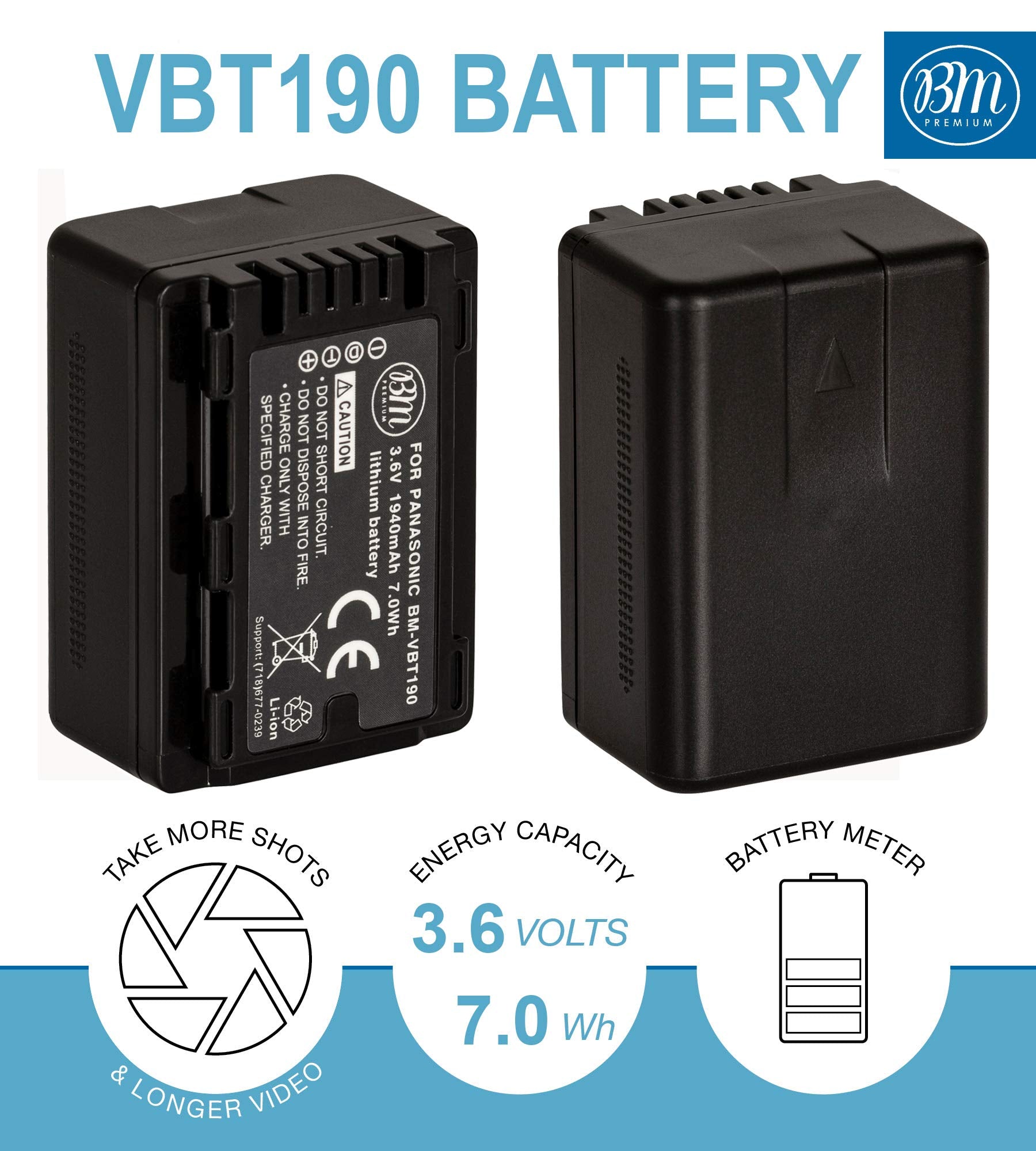 Bm Premium Vw Vbt190 Battery And Battery Charger For Panasonic Hc V800K, Hc Vx1K, Hc Wxf1K, Hcv510, Hcv520, Hc V550, Hc V710, Hc