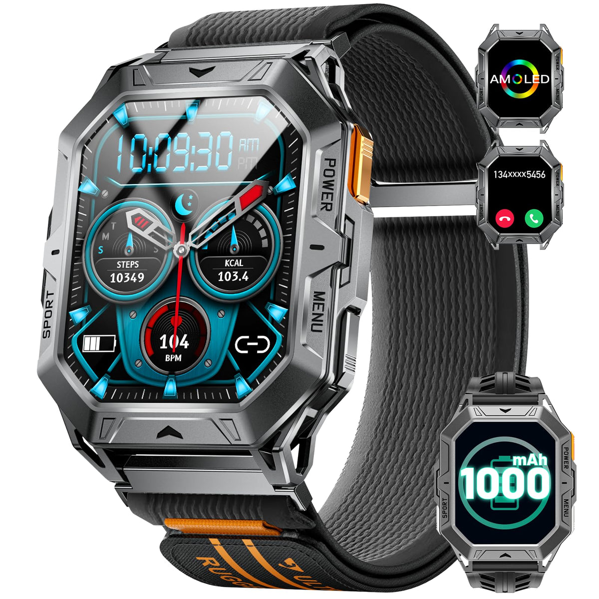 Hirreo Military Smart Watch For Men, 2.13 ' ' Amoled Display Smartwatch, 80 Days Long Battery, 100+ Sport Mode Fitness Tracker W