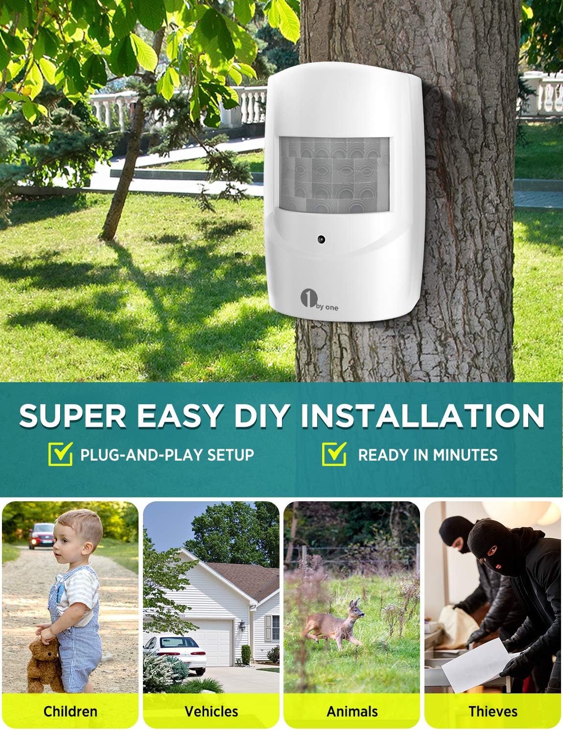 Driveway Alarm Wireless Outside, 1By One Motion Sensor Alarm 1000 Ft Range Extra Loud Chimes Home Security Alarm System With 1 W