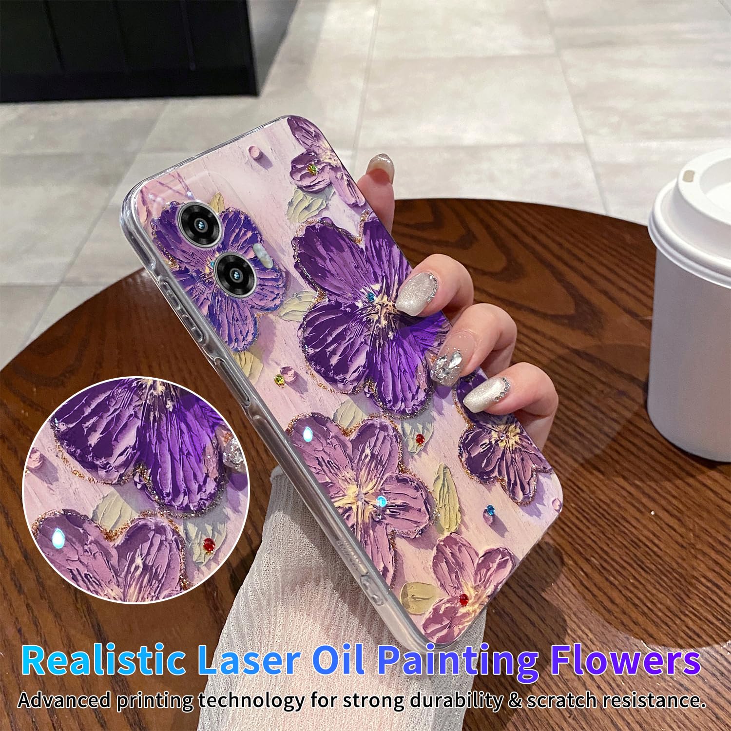Leleyun Case For Motorola Moto G Stylus 5G 2024 6.7, Retro Oil Painting Printed Flower Cute Pattern With Glitter Gem Phone Cover