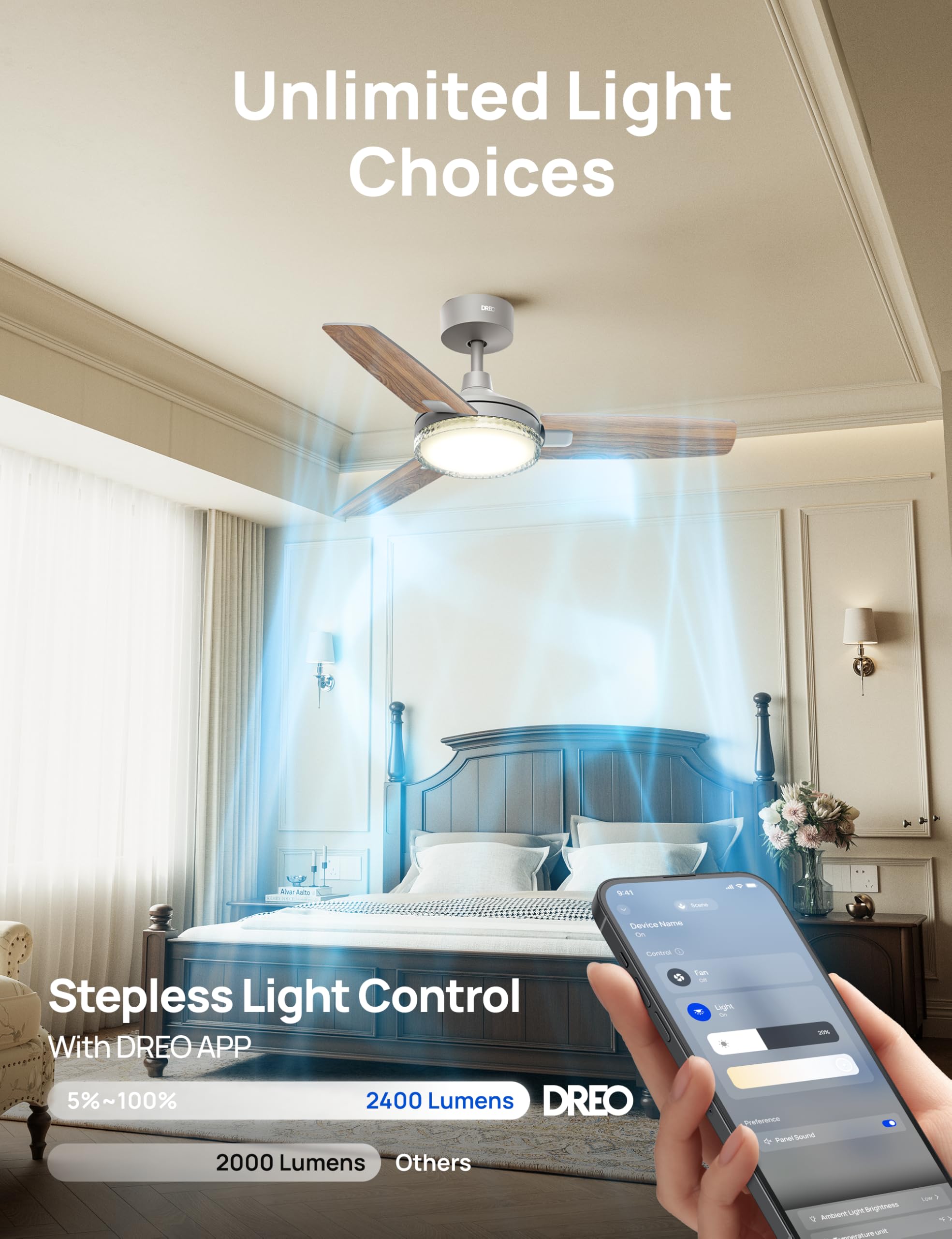 Dreo Smart Ceiling Fans With Lights, 42 Inch Grey Ceiling Fan, 12 Speeds & 3 Fan Modes, Stepless Color Tones, Dimmable Led Light