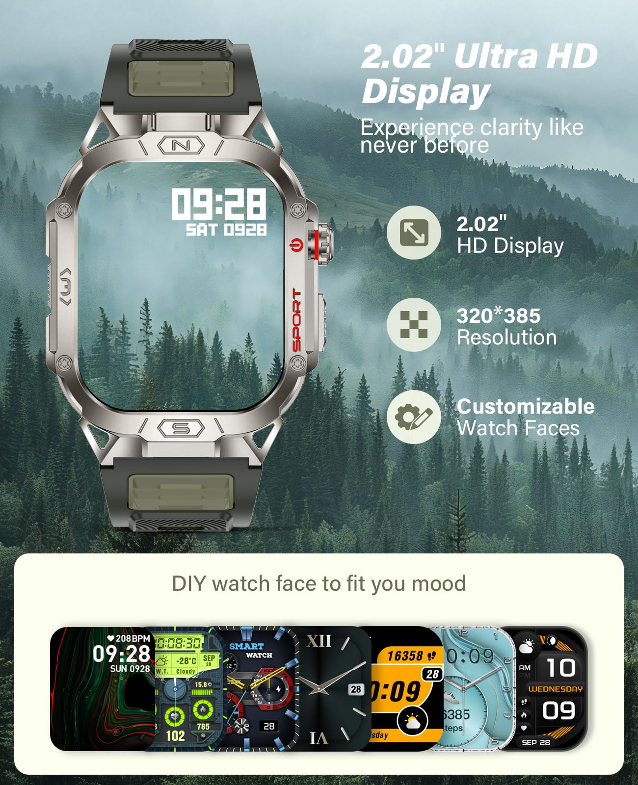 Souyie Smart Watch For Men With Led Flashlight, 2.02 '' Hd Display Rugged Outdoor Sport Smartwatch With Compass/Altimeter/Barome