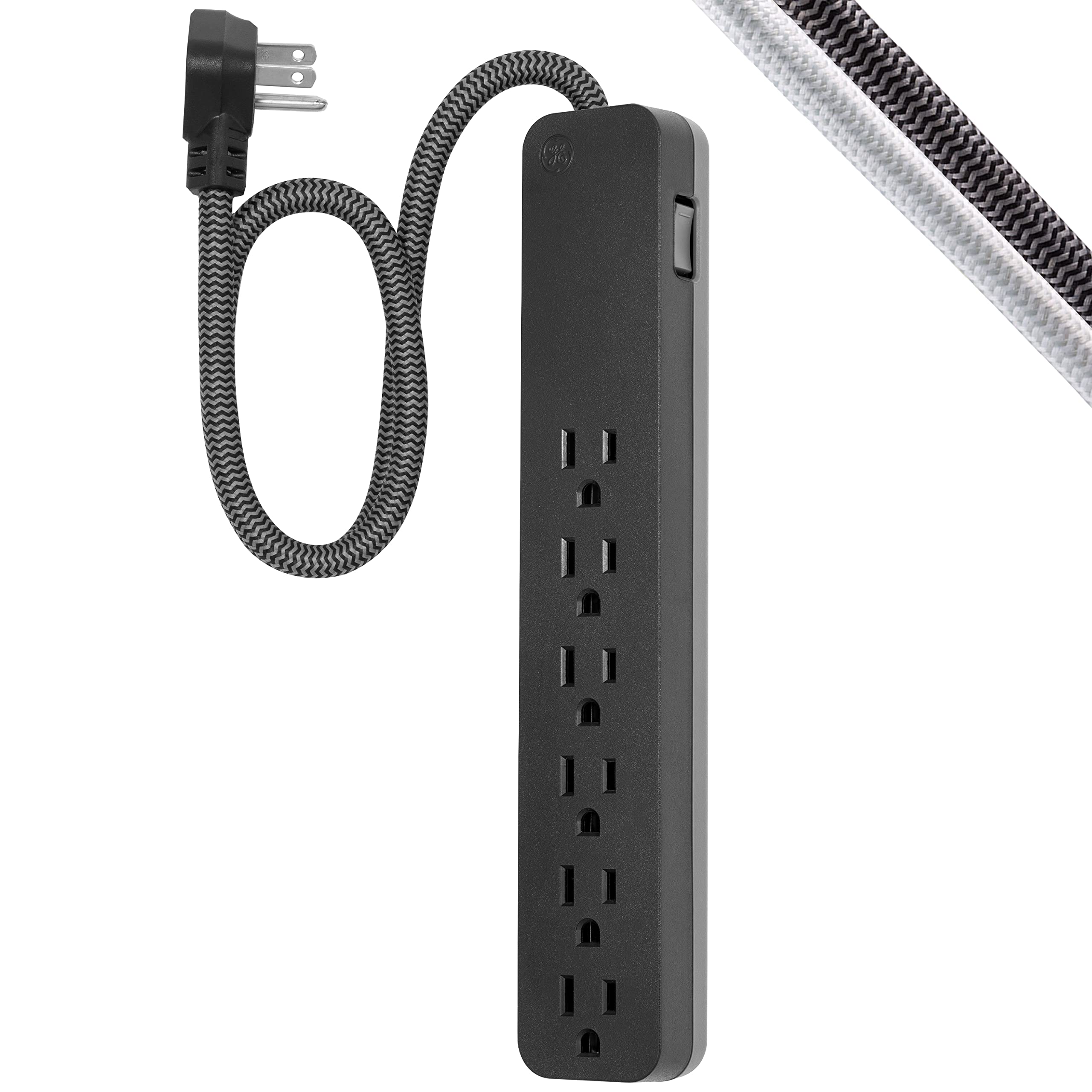 Ge Ultrapro 6 Outlet Surge Protector, 2 Ft Designer Braided Extension Cord, 560 Joules, Flat Plug, Wall Mount, Ul Listed, Black,