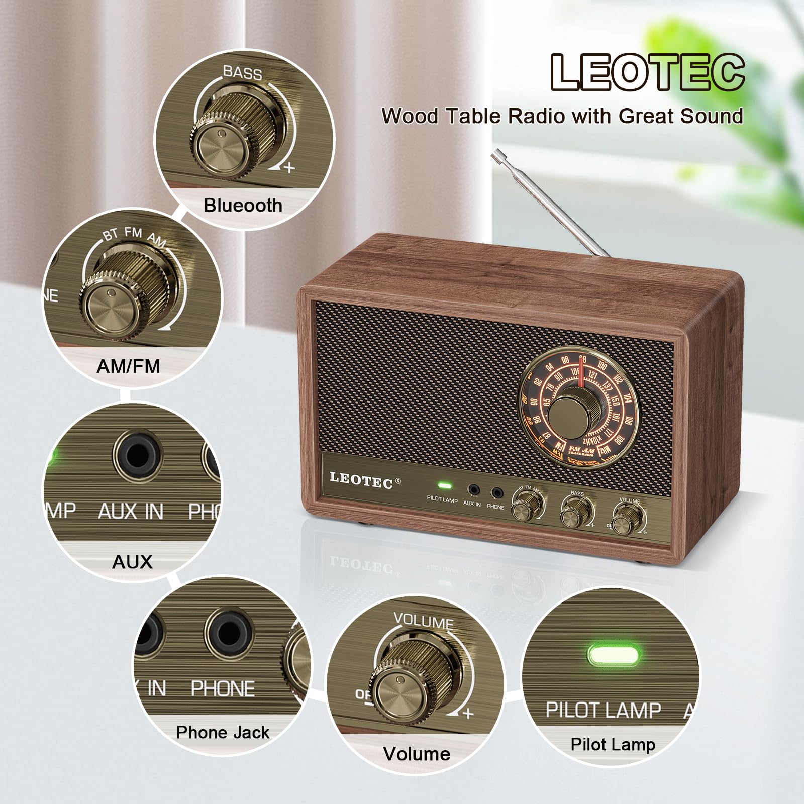 Leotec Am Fm Radio,Retro Wood Table Radio,Portable Bluetooth Speaker Plug In Wall,Best Reception With Aux,Headphone Jack,Great F