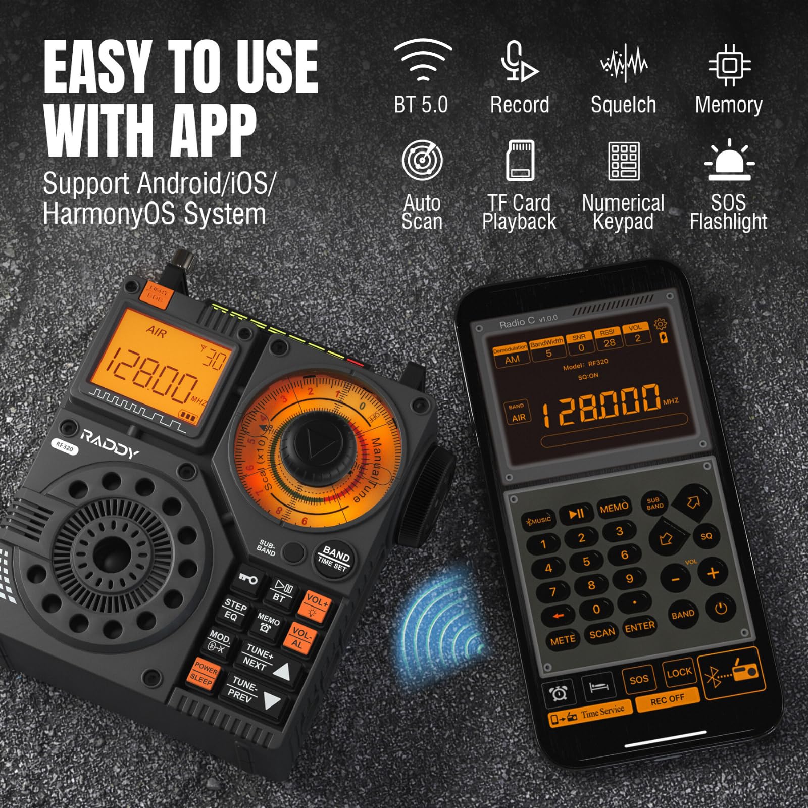 Raddy Rf320 App Control Shortwave Radio, Air/Fm/Am/Vhf/Sw/Wb Receiver, Portable Radio Rechargeable W/ 9.85 Ft Wire Antenna (Blac
