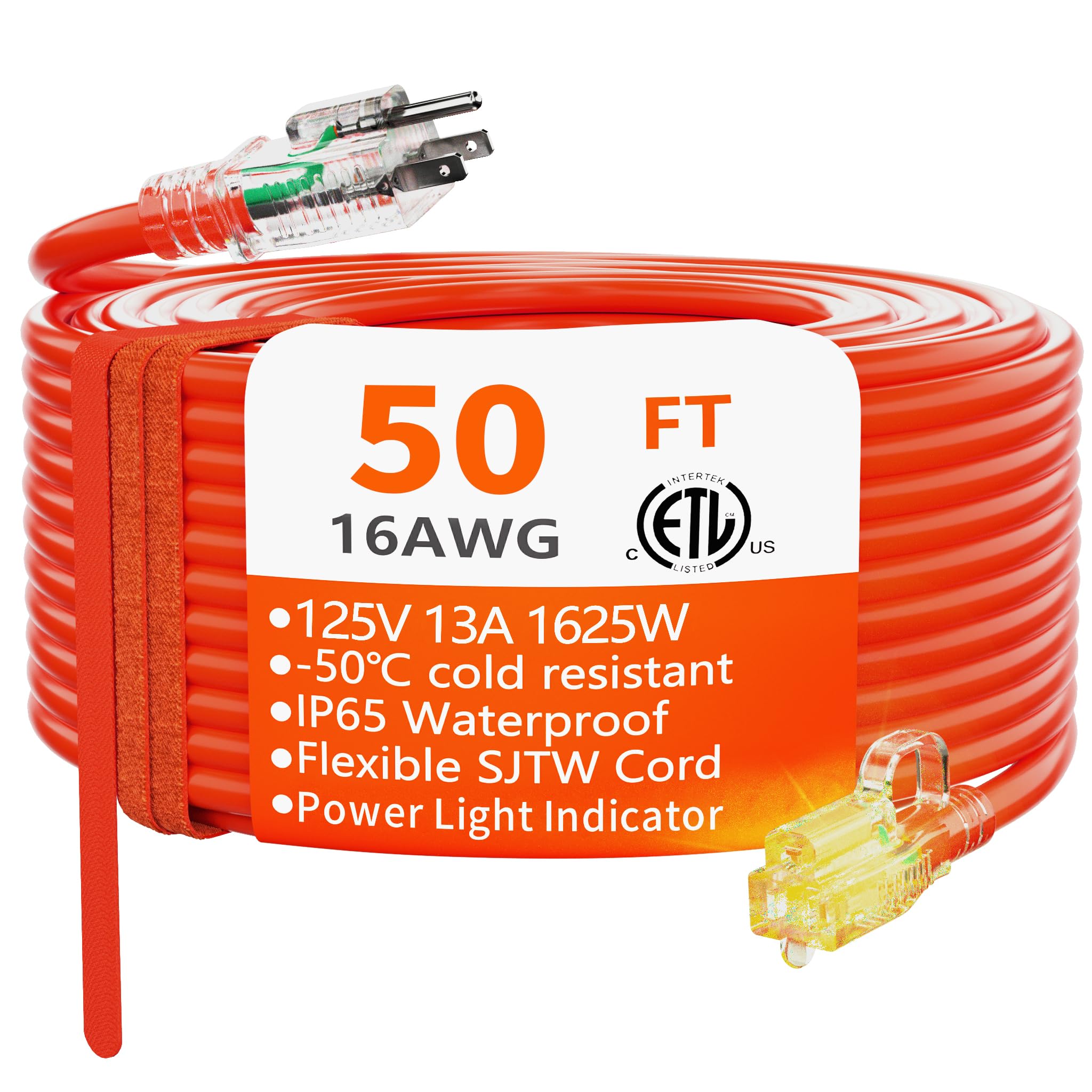 Huanchain 50 Ft 16/3 Gauge Outdoor Extension Cord Waterproof With Lighted, Flexible Cold Weather 3 Prong Power Cord Outside, 13A