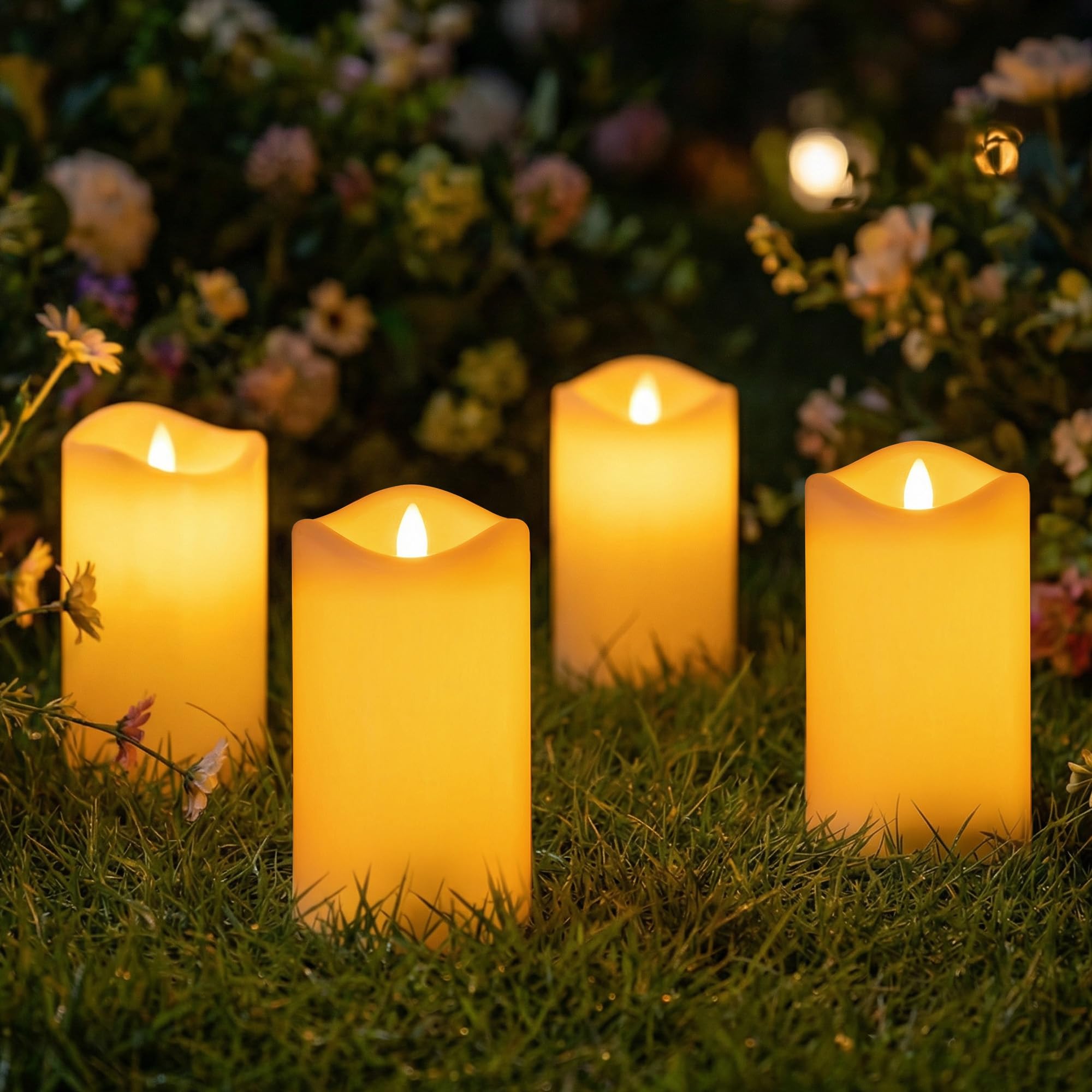 Livinlarge 4 Pack Outdoor Solar Powered Candles, 3x6 Rechargeable Dusk to Dawn Lighting, Flameless Flickering Pillar LED Votive 