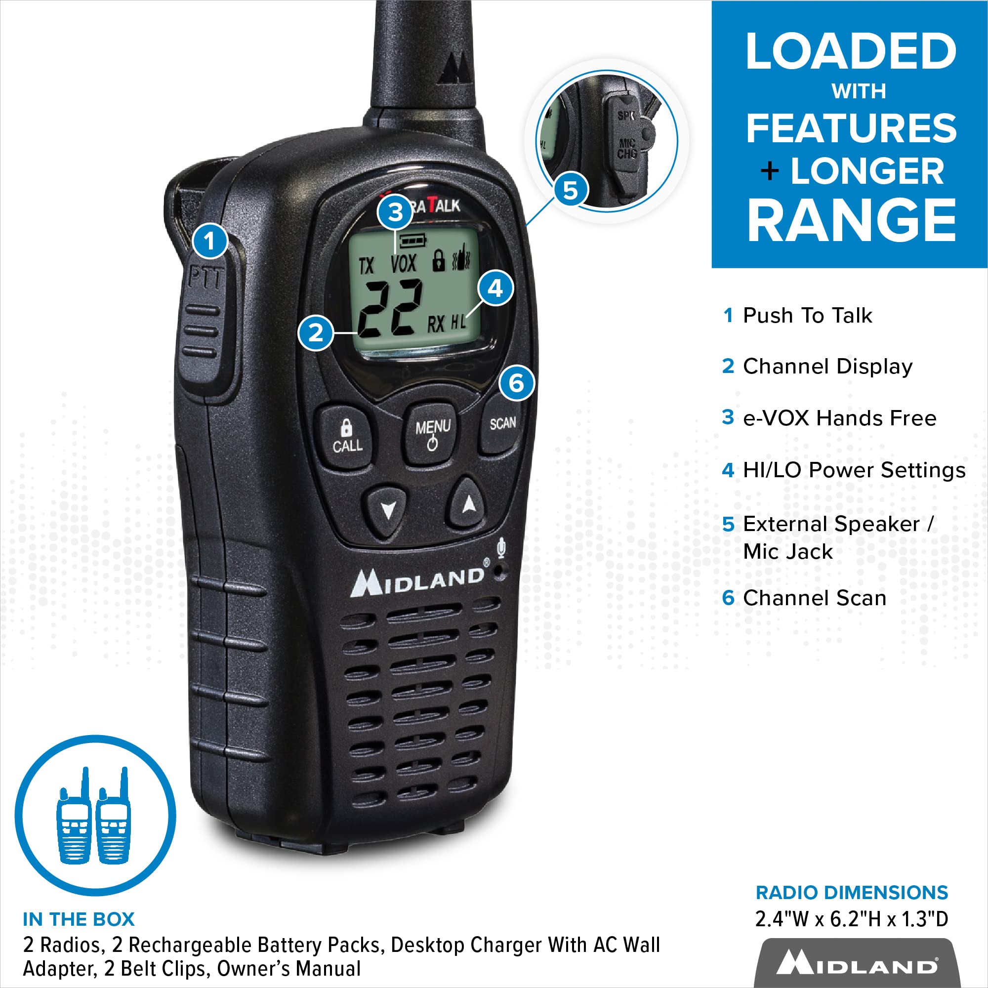 Midland   Lxt500Vp3, 22 Channel Frs Walkie Talkies With Channel Scan   Extended Range Two Way Radios, Silent Operation, Batteries Included (Pair Pack) (Black)