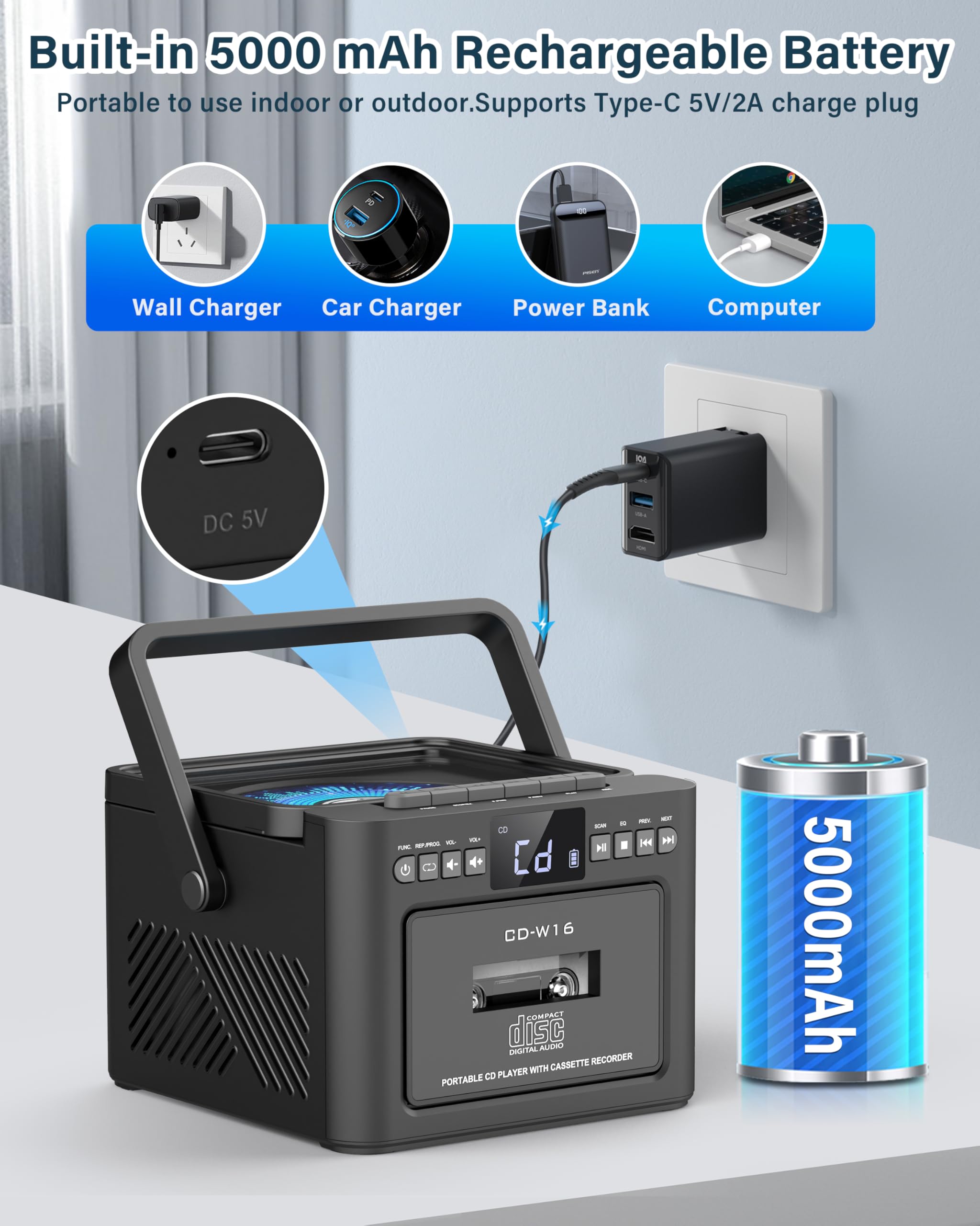 Boombox Cassette Cd Player Bluetooth5.1 With 5000Mah Battery,5W Dual Stereo Speakers,Rechargeable Cd Player With Fm Radio,Remote