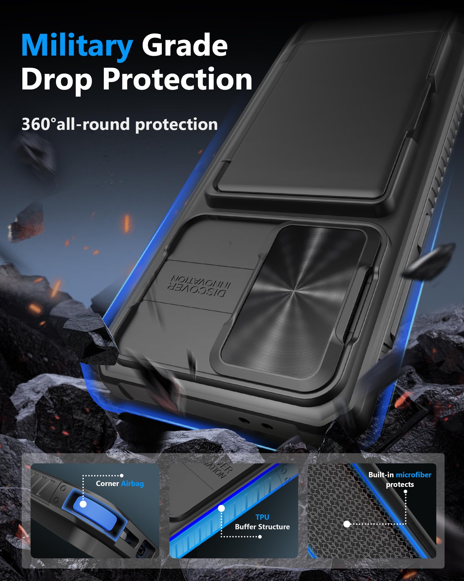 Atatoo For Samsung Galaxy S24 Fe Case With Card Holder(Store 4 5 Cards) [Rfid Blocking] & Slide Camera Cover, Military Grade Pro