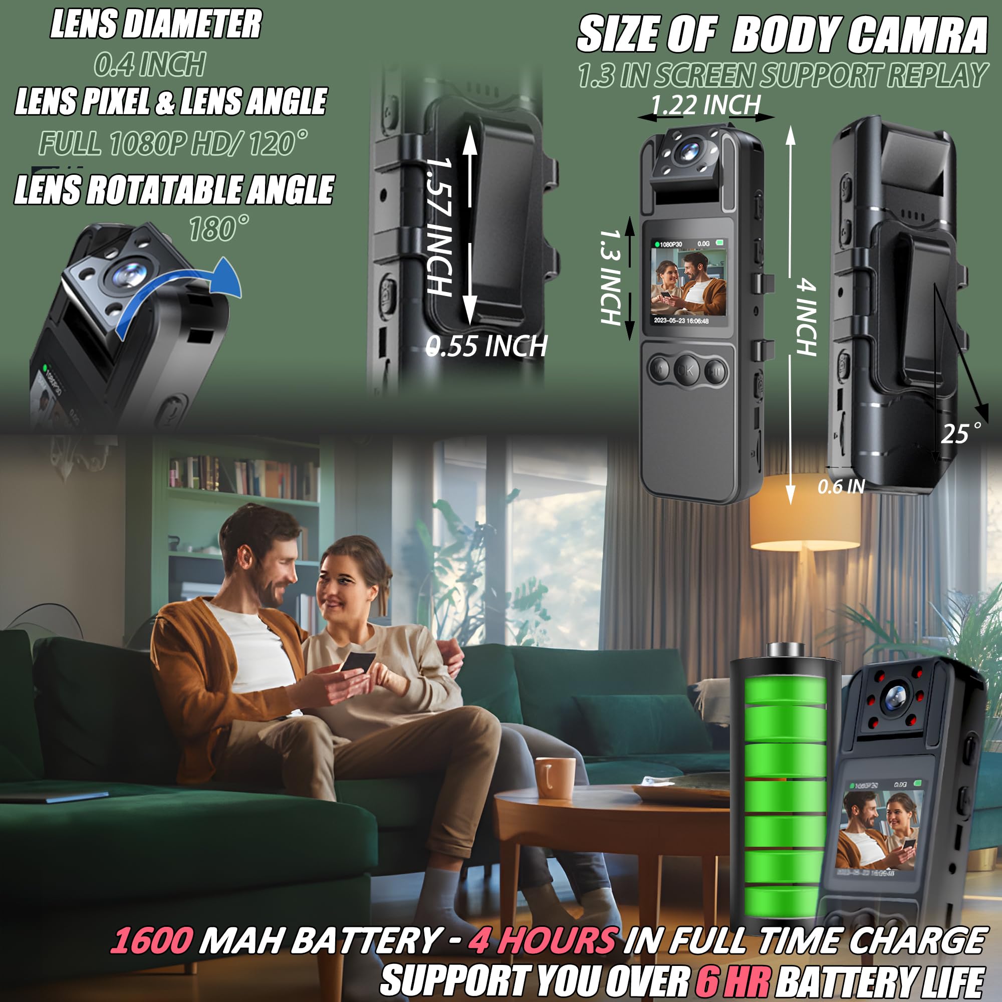 Body Camera With Audio And Video Recording, Hd 1080P Body Cam With 180� Rotating Lens, 6Hr Battery, Ir Cut Auto Night Vision, 128Gb Body Worn Camcorder, For Personal Civilians, Police Law Enforcement
