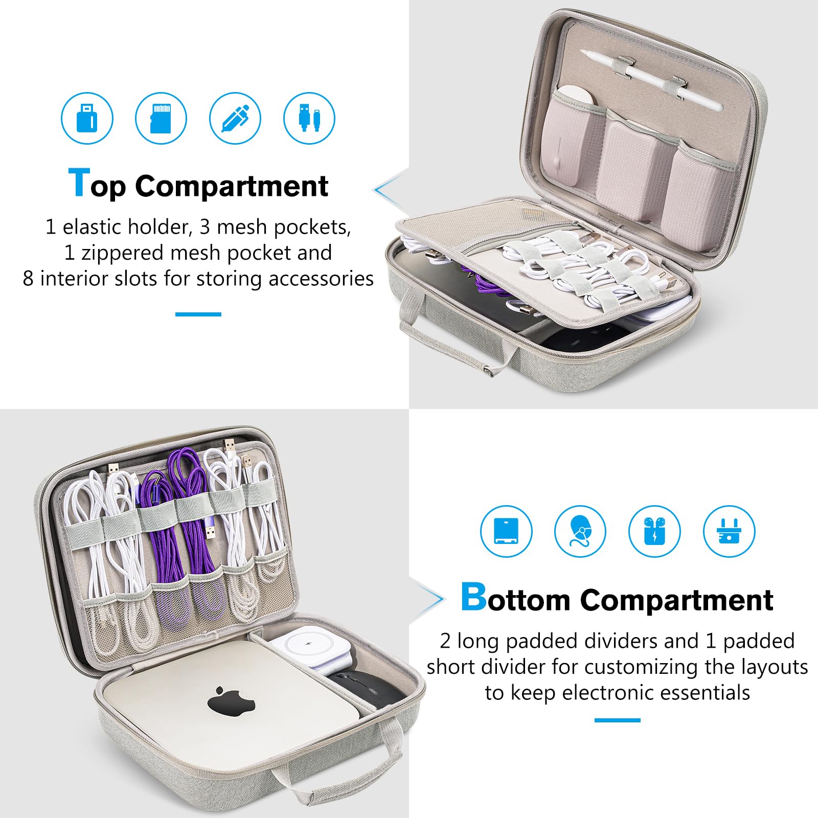 Procase Hard Travel Electronic Organizer Case For Macbook Power Adapter Chargers Cables Power Bank Apple Magic Mouse Apple Pencil Usb Flash Disk Sd Card Small Portable Accessories Bag  Xl, Grey