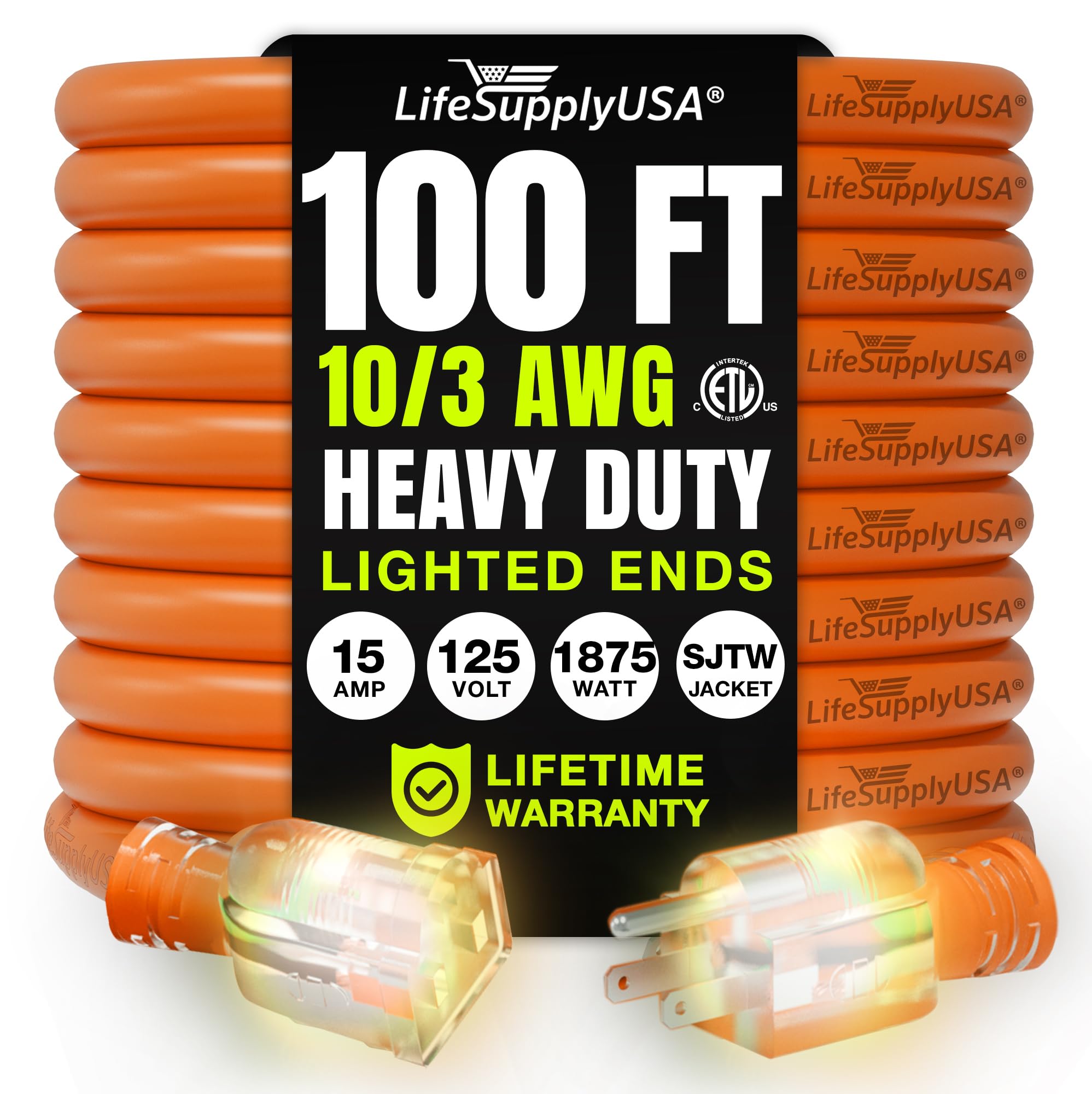 100Ft Power Outdoor Extension Cord & Indoor   Waterproof Electric Drop Cord Cable   3 Prong Sjtw, 10 Gauge, 15 Amp, 125 Volts, 1