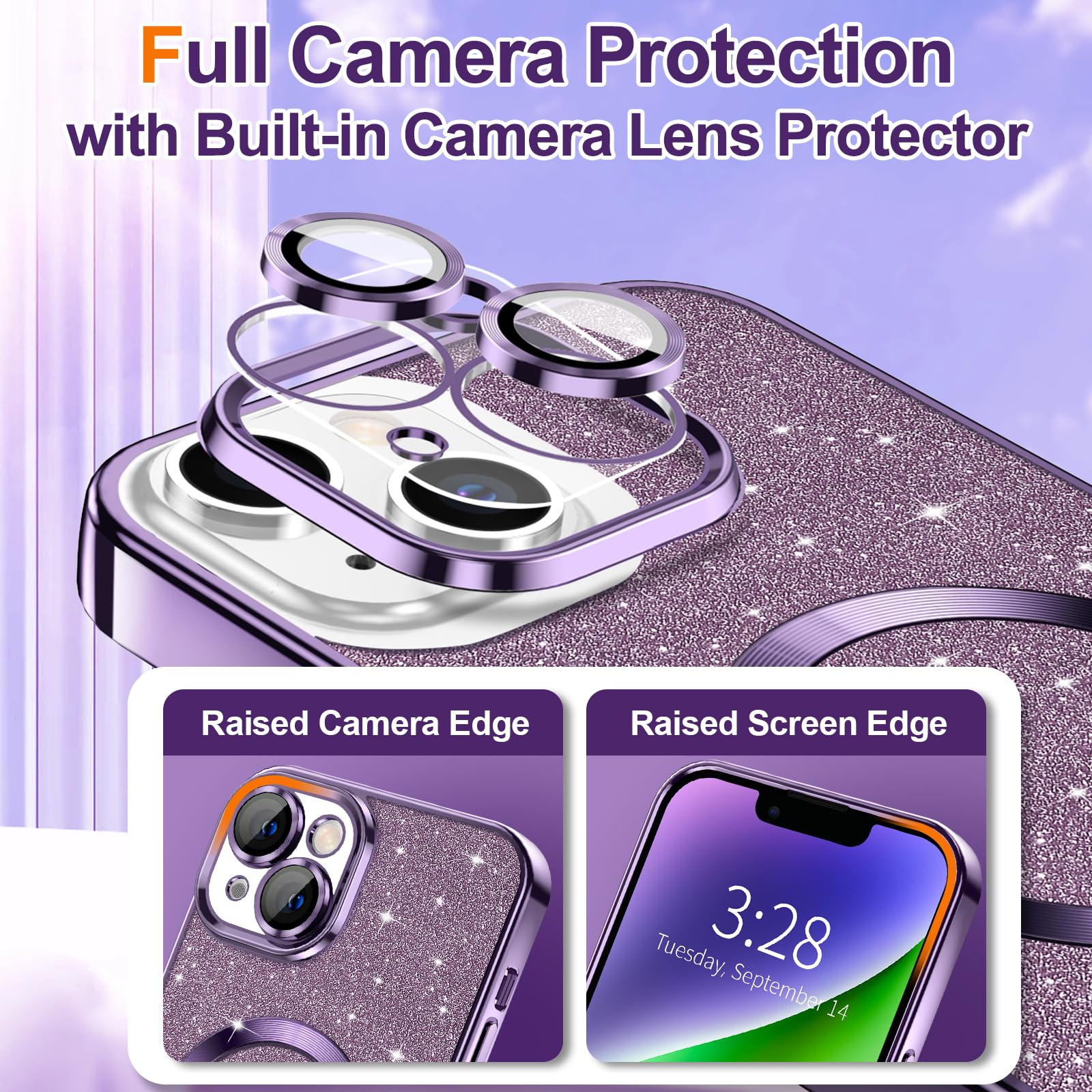 Hython For Iphone 14 Case Glitter, Clear Magnetic Phone Cases With Camera Lens Protector [Compatible With Magsafe] Bling Sparkle