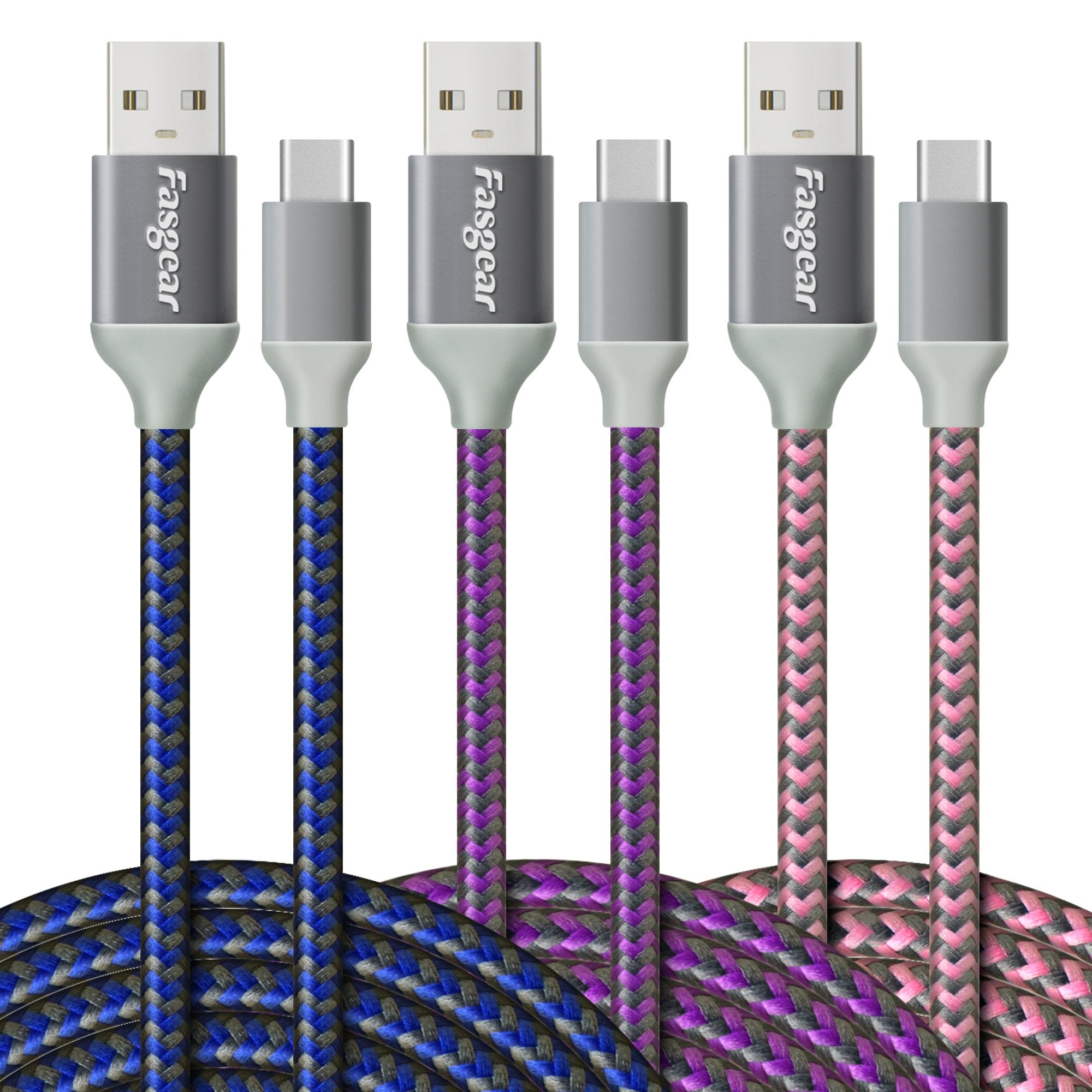 Fasgear Usb C To Usb A Cables 3 Pack 10Ft Long 3A Fast Charging Type C 2.0 Charger Cord Nylon Braided Compatible With Galaxy S20