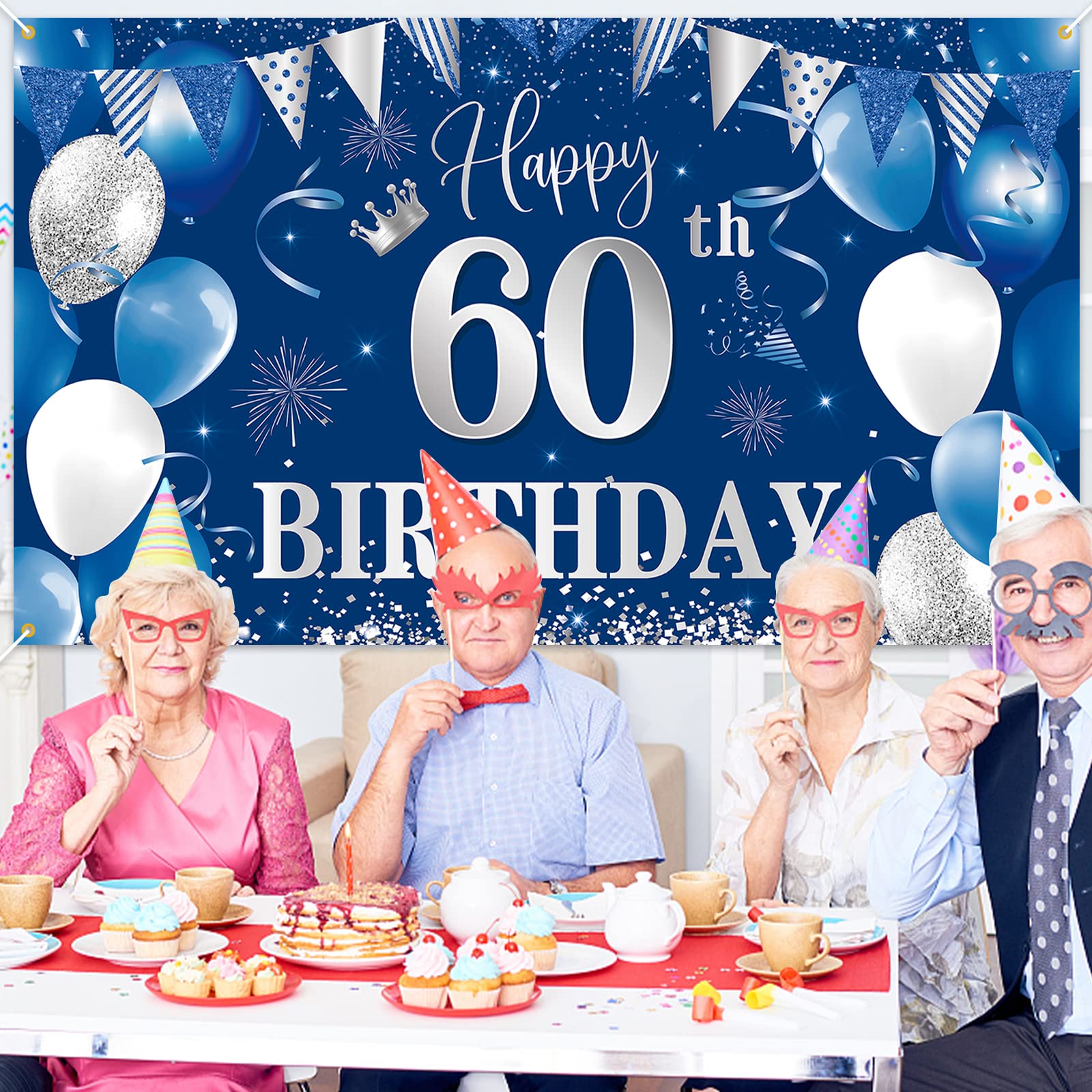 60Th Birthday Banner Backdrop,Btzo Happy 60Th Birthday Decorations,Blue Silver Fabric Photo Backdrop Background For Men And Wome