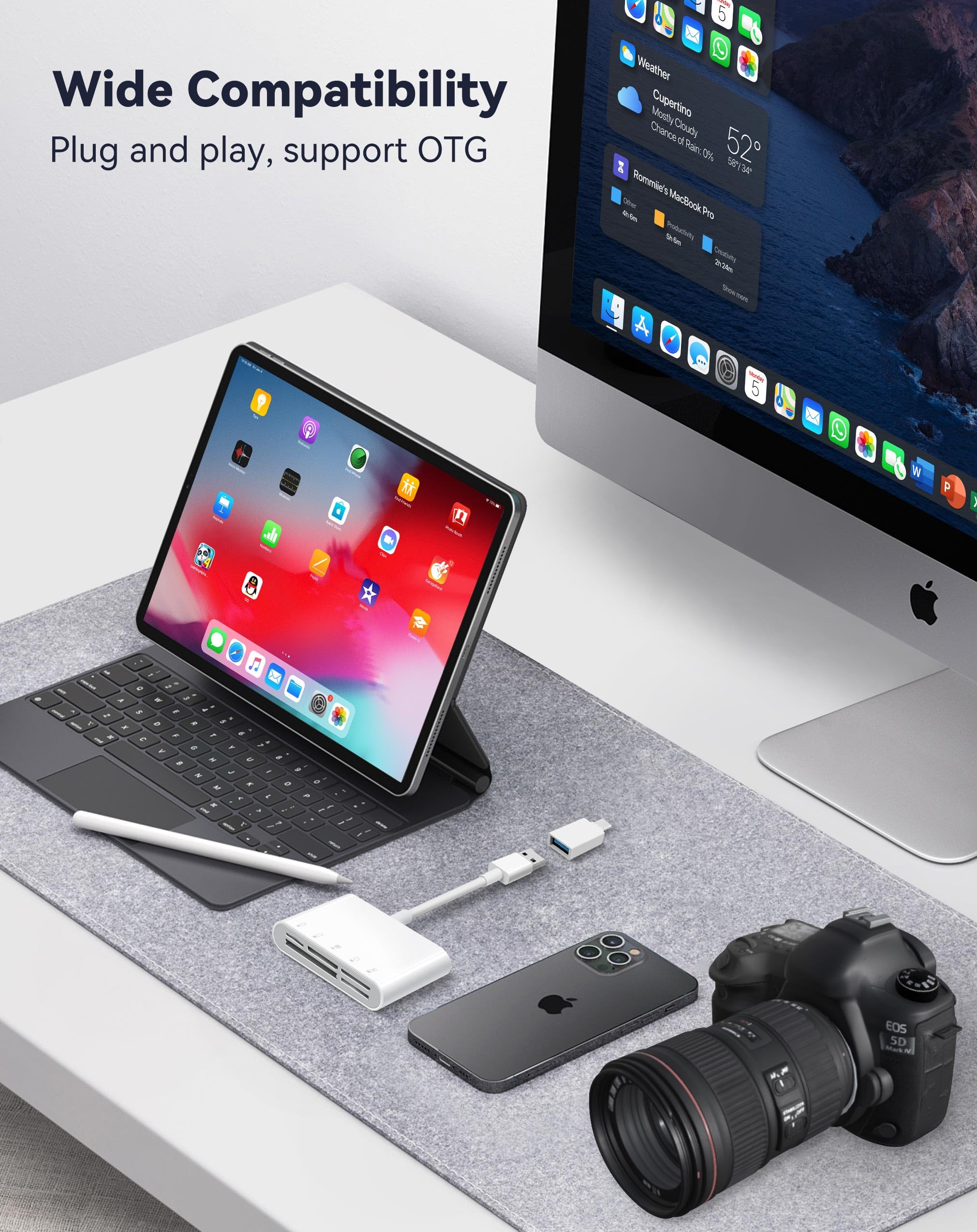 Fubiaofei Sd Card Reader, 5 In 1 Usb Usb C Dual Connector To Sd/Tf/Cf/Micro Sd/Xd/Ms Multi Memory Card Reader Otg Adapter  Compatible With Windows/Mac/Linux/Android, Plug & Play