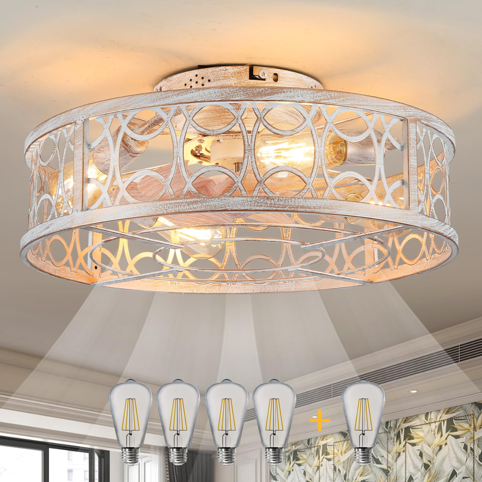 Alaruder Ceiling Fans With Lights Flush Mount,20 Inch Caged Modern Small White Fan For Bedroom,Low Profile Ceiling Fan With Remo