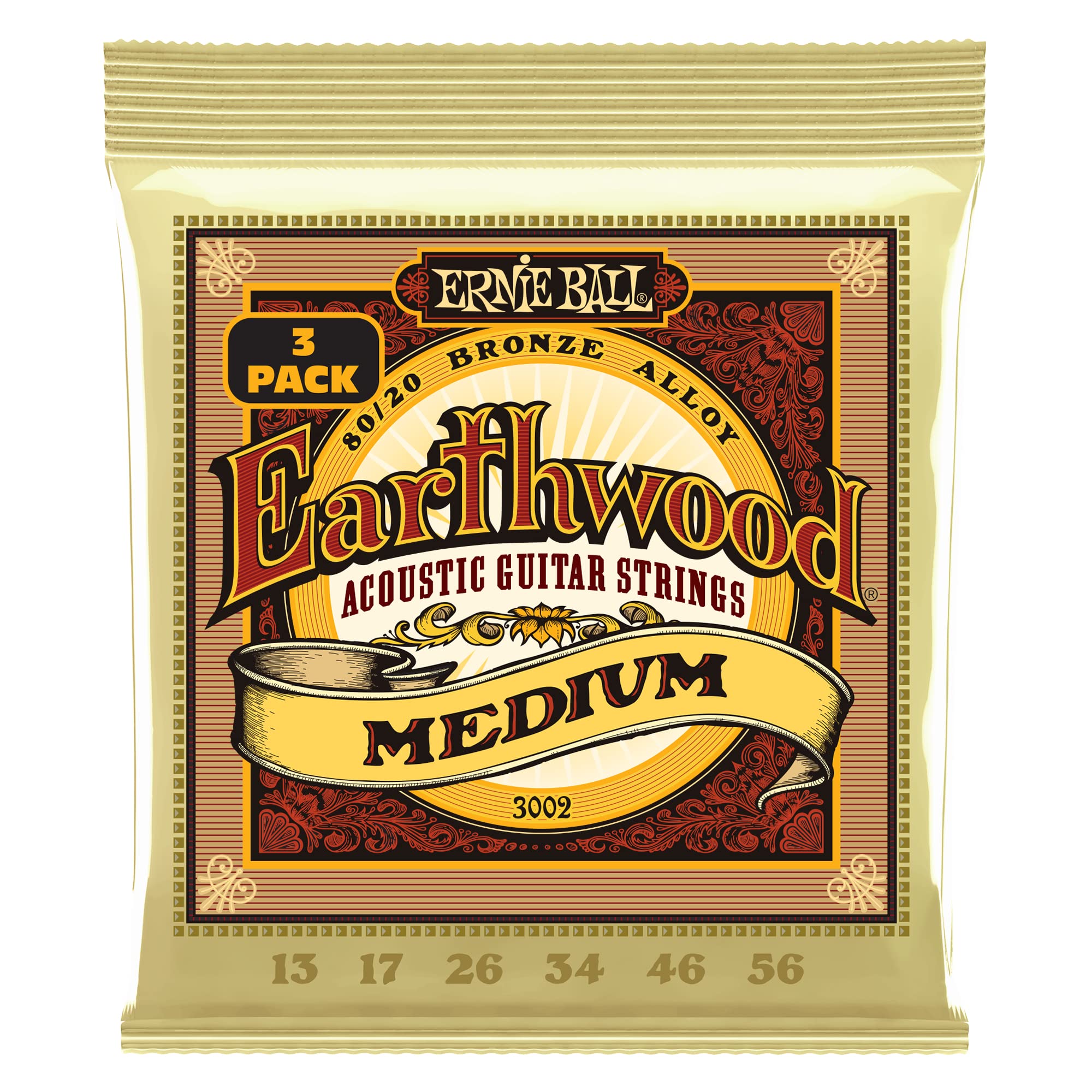 Ernie Ball Earthwood Medium 8020 Bronze Acoustic Guitar Strings 3 Pack, 13 56 Gauge (P03002)