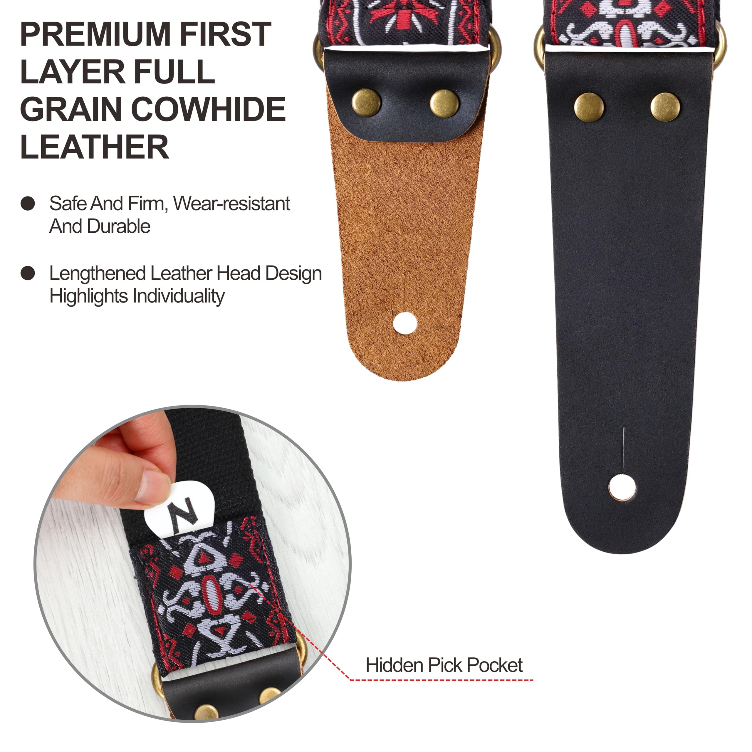 Nefelibata Guitar Strap, Embroidered Cotton Guitar Straps With Head Cowhide Leather Ends For Bass, Electric & Acoustic Guitars,
