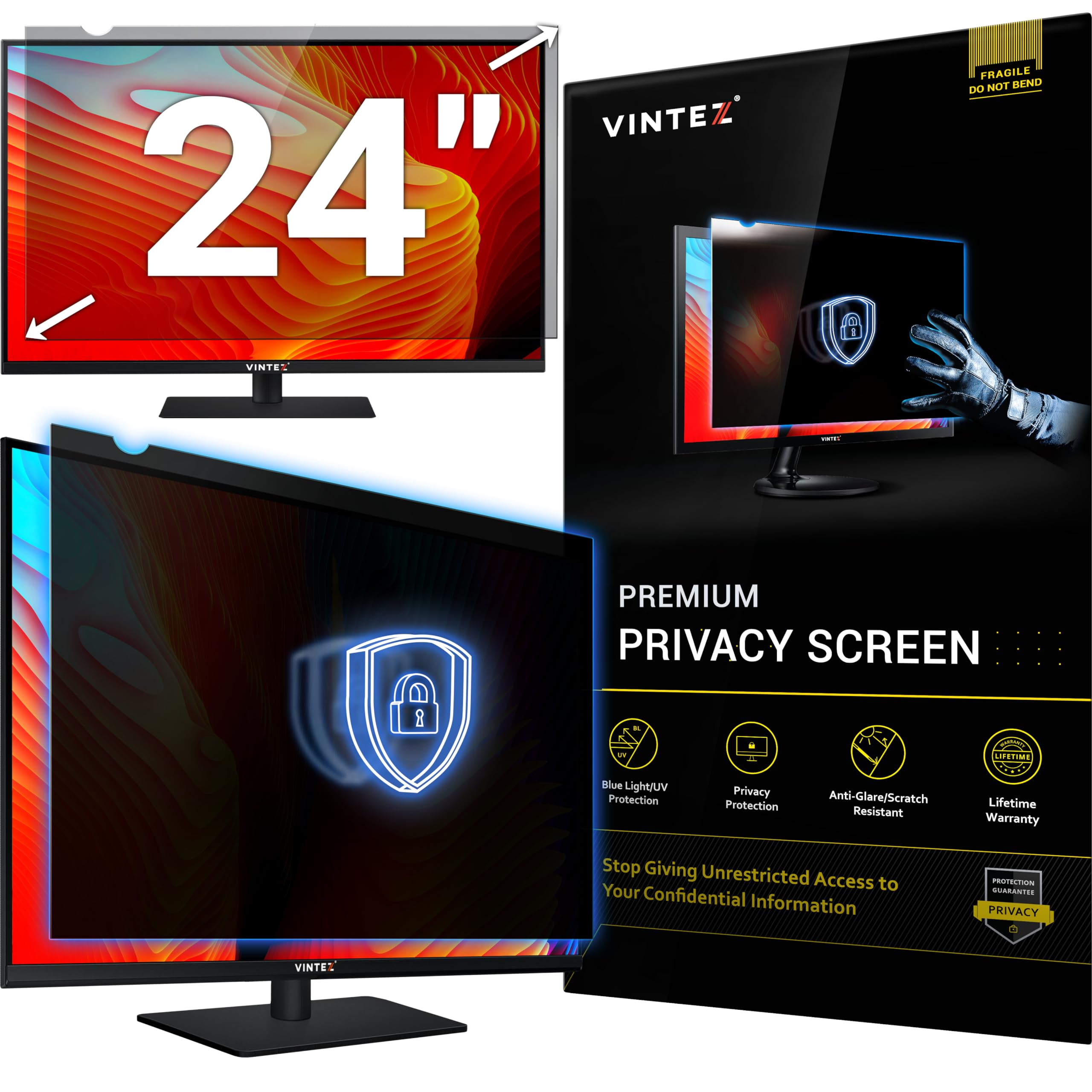 24 Inch 16:10 Computer Privacy Screen Filter For Widescreen Monitor And Laptop   Anti Glare   Anti Scratch Protector Film   Data