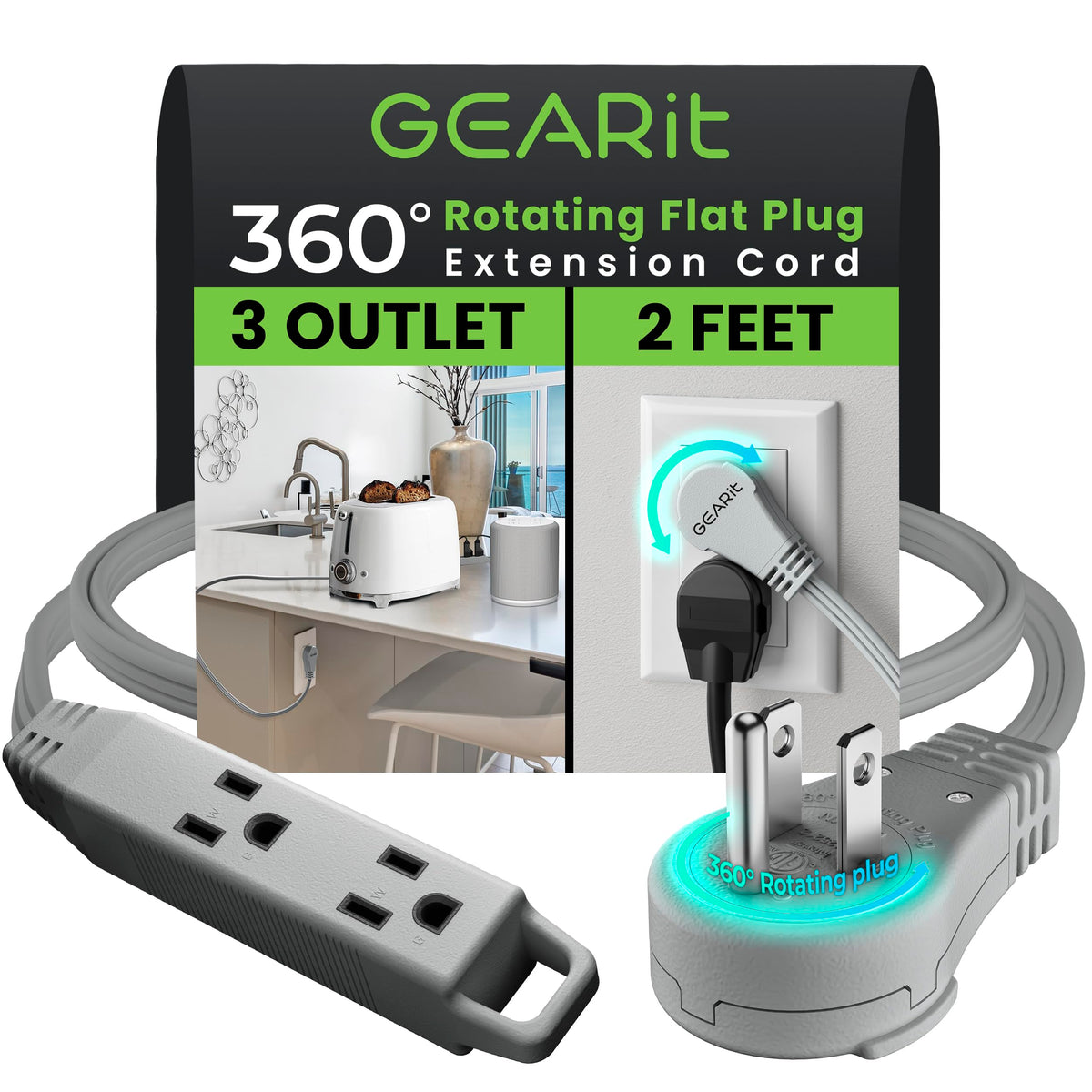 Gearit 360 Rotating Flat Plug Short Extension Cord With 3 Outlets (2Ft, Gray) 16Awg/13A 3 Prong Wire, Outlet Saver For Home Offi