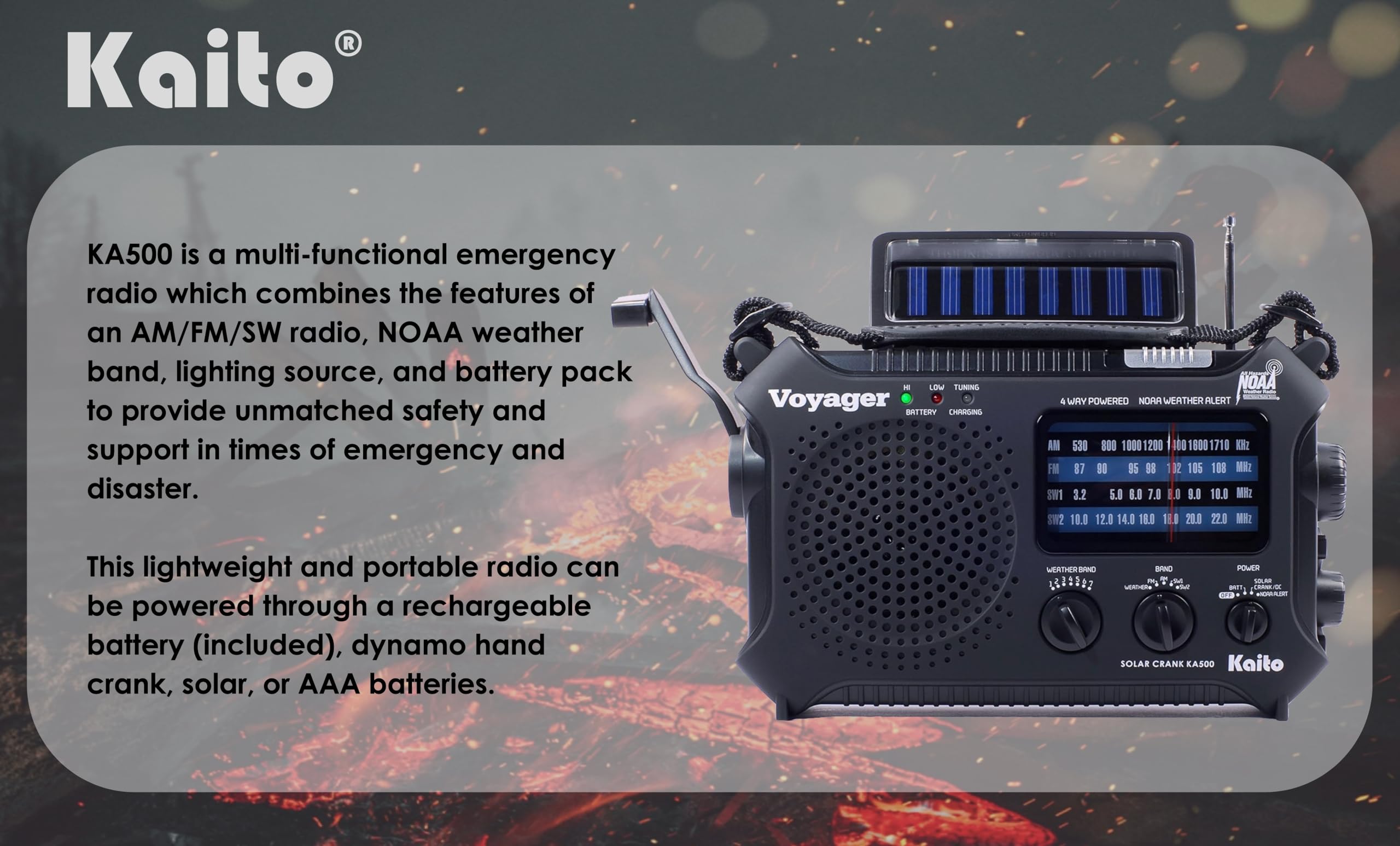 Kaito Ka500 5-Way Powered Emergency Am/Fm/Sw Noaa Weather Alert Radio With Solar,Dynamo Crank,Flashlight And Reading Lamp, Color