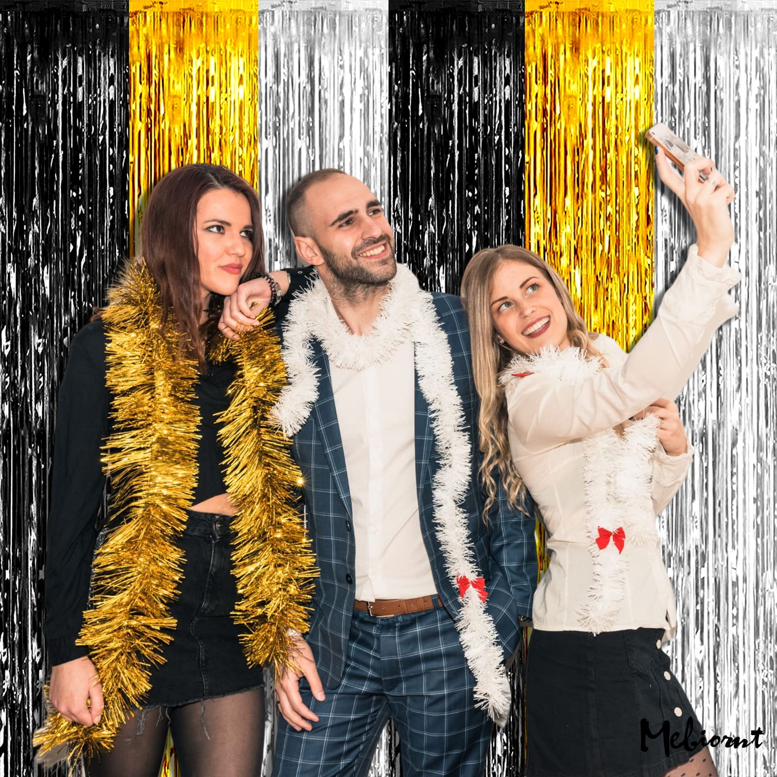 4 Pack 3.2Ft X 8.2Ft Black Gold Silver Fringe Curtain Backdrop, Metallic Tinsel Foil Fringe Streamers Curtains Background For We