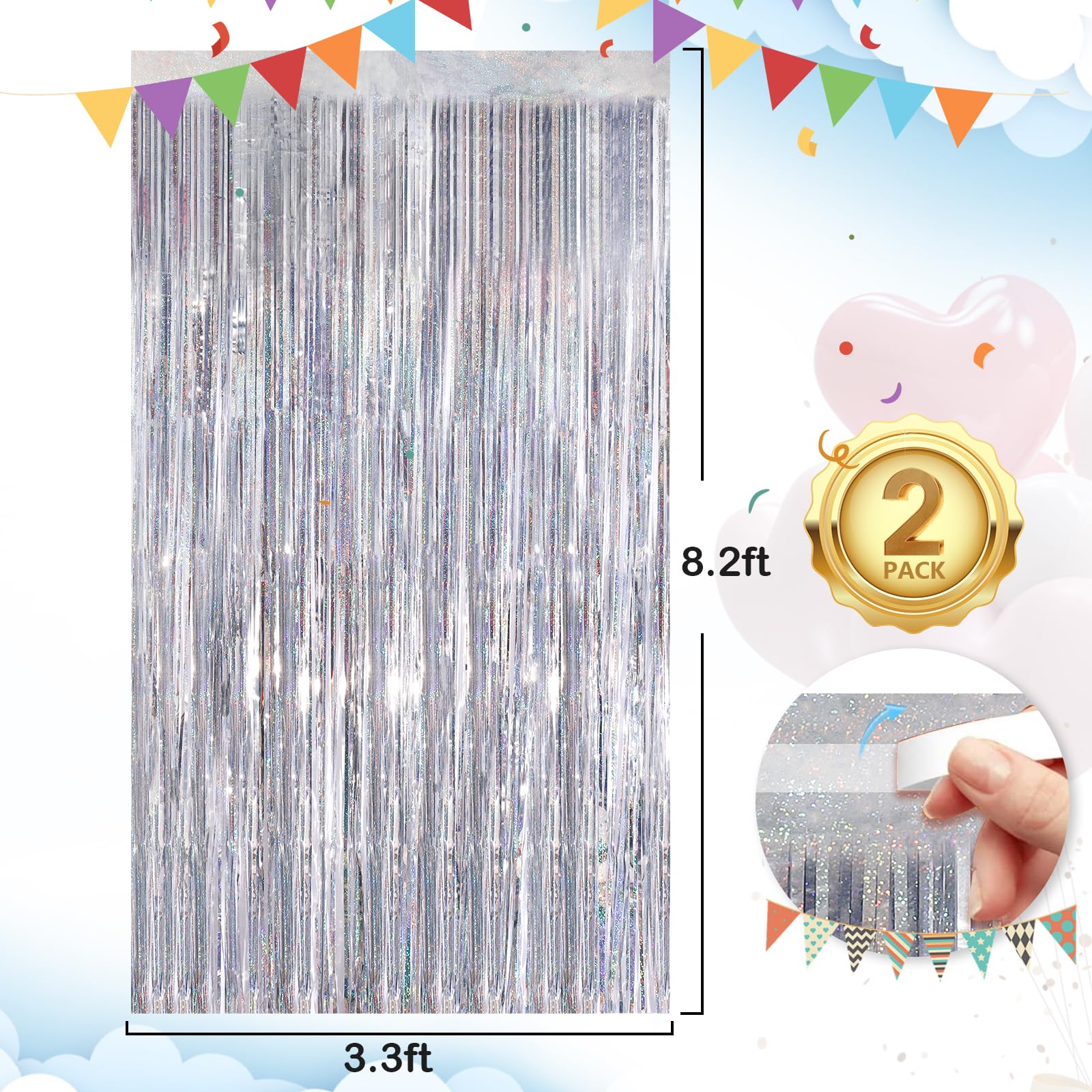 Silver Party Streamers 2Pack Metallic Tinsel Foil Fringe Curtains 3.3X 8.3Ft Party Decors For Photo Booth Photoshoot Bridal Show