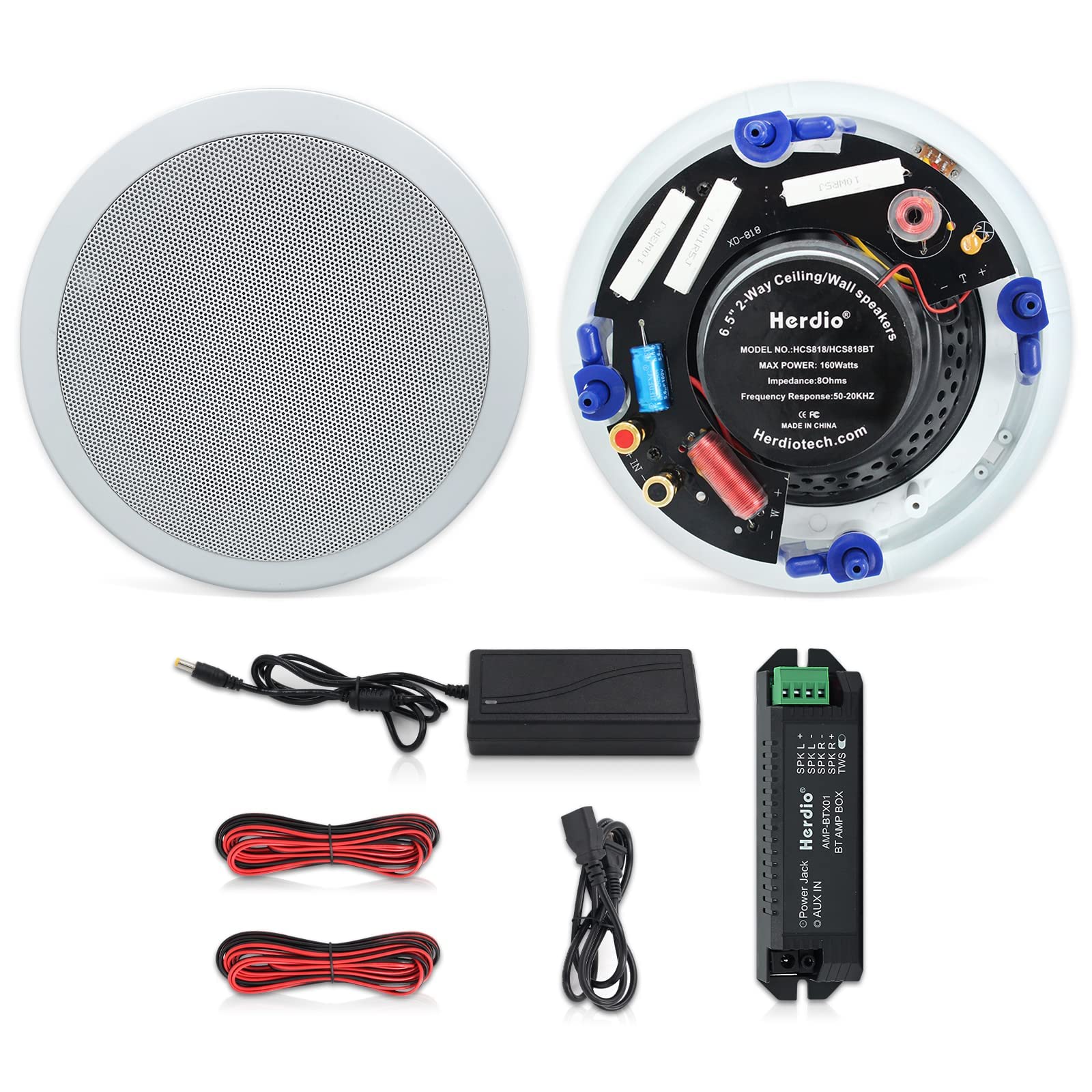 Herdio 6.5 Inch Bluetooth Ceiling Speakers 320W 2 Way Flush Mount In Wall Speakers For Home Bathroom Kitchen Office With Full Ra