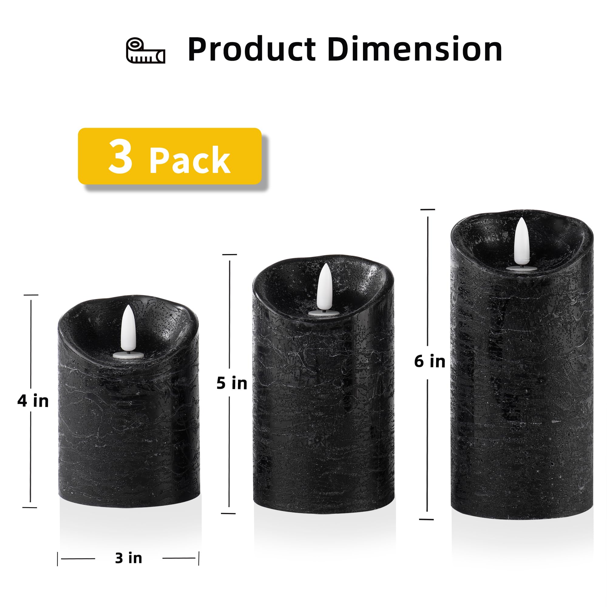 Pandaing Pack Of 3 Black Regular Textured Led Flameless Flickering Battery Operated Candles With Remote And Timer, Real Wax Pill