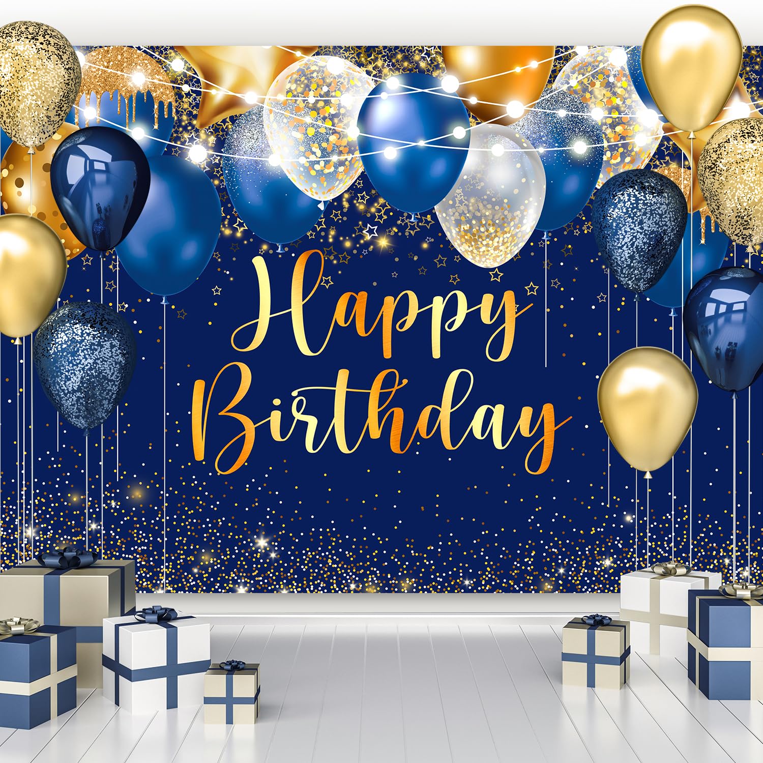 Imirell Royal Blue Gold Birthday Men Backdrop 7Wx5H Feet Boys Balloons Modern Golden Ceremony Stars Polyester Fabric Shining Spa