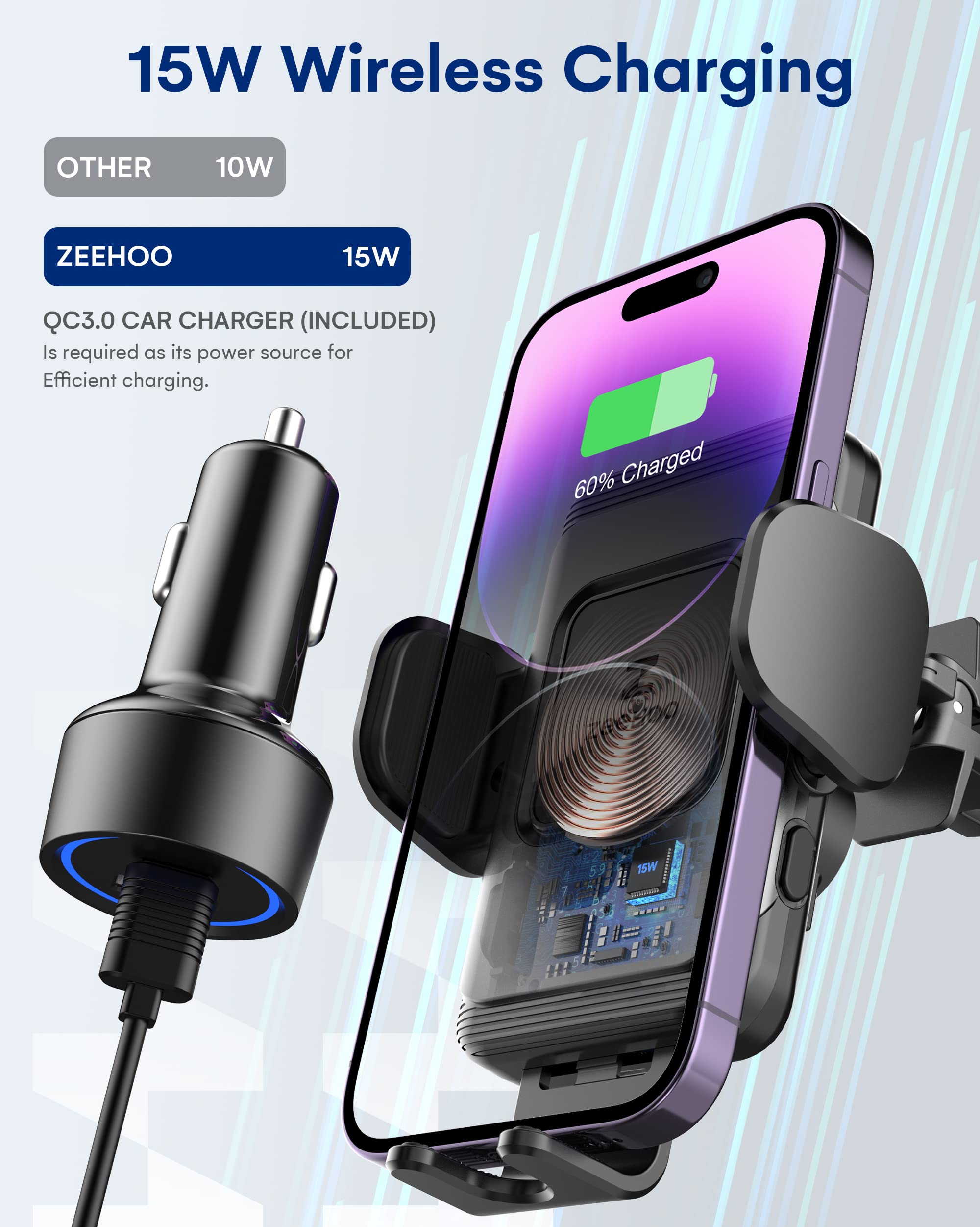 Zeehoo Wireless Car Charger,15W Fast Charging Auto-Clamp Car Mount,Windshield Dash Air Vent Phone Holder For Iphone 14 13 12 Min