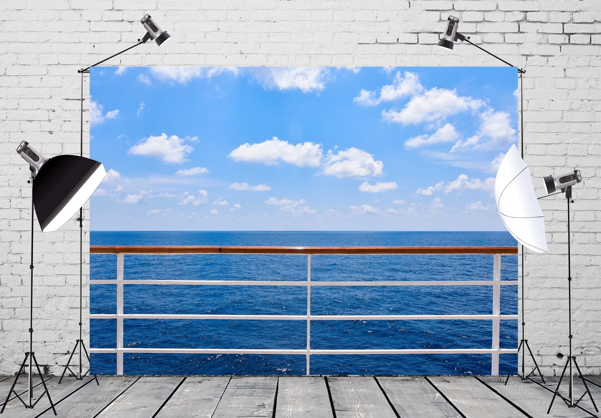 Corfoto 7X5Ft Ocean Cruise Ship Backdrop Fabric Blue Sky Travel Ship Deck Railings Fence Photo Backdrop Summer Sea Cruise Ship C