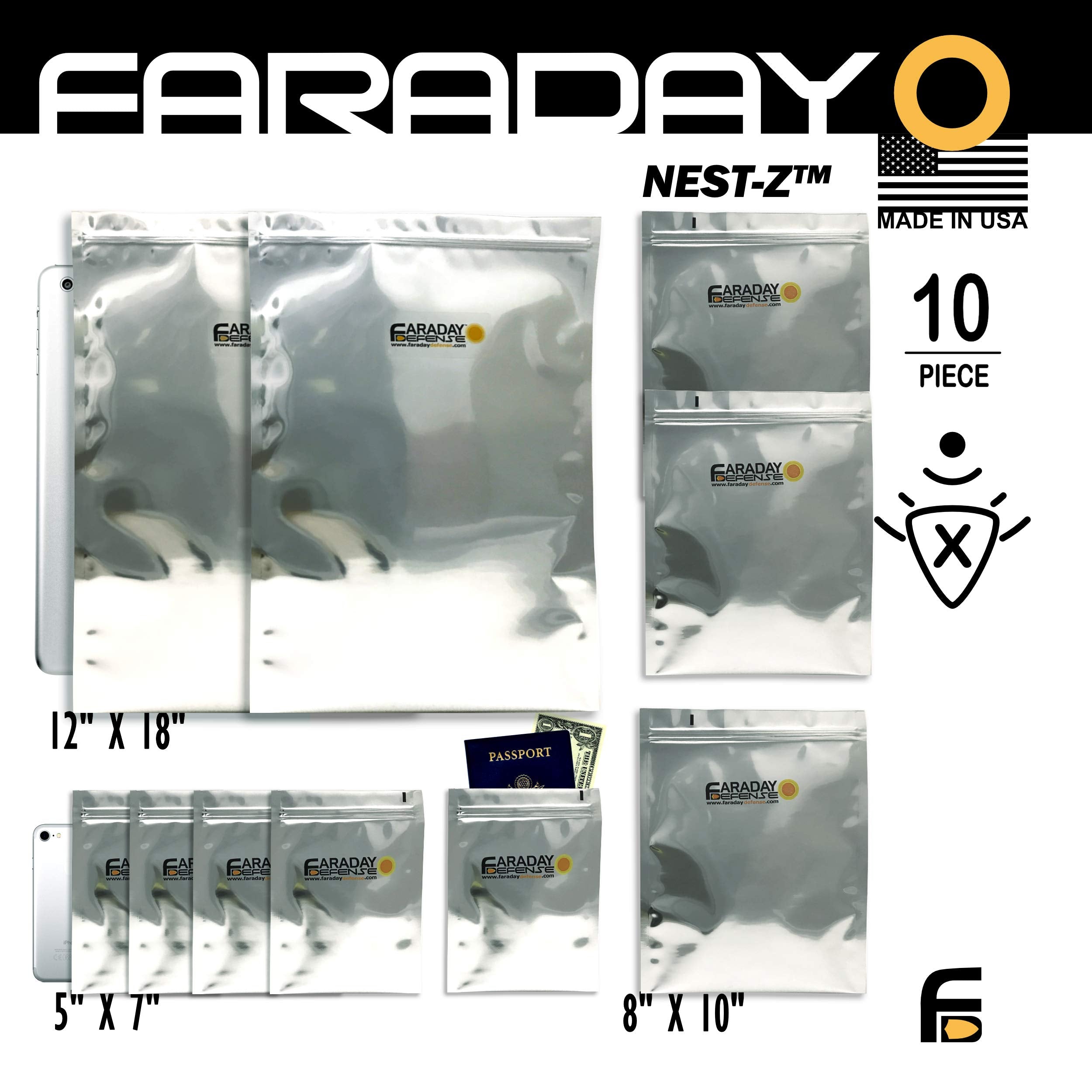 Faraday Defense 10Pc Kit Nest Z Faraday Bag Emp/Solar Flare Prepper Ultra Thick   Military Grade Design, Superior Shielding Perf