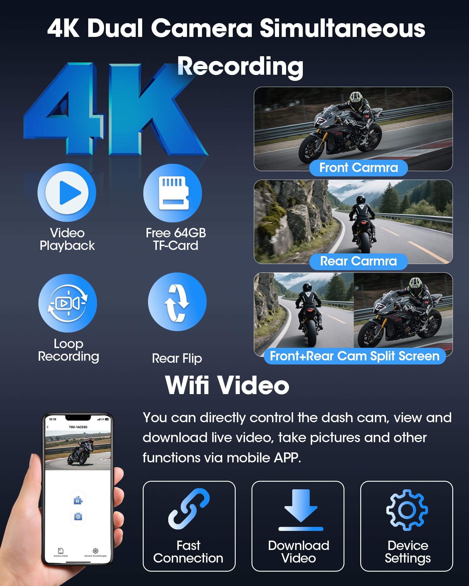 Jelkuz 7 Inch 4K Motorcycle Carplay W 4K Dash Cam Android Auto Screen For Moto Wireless Carplay Dvr With Dual Cameras For Motorb