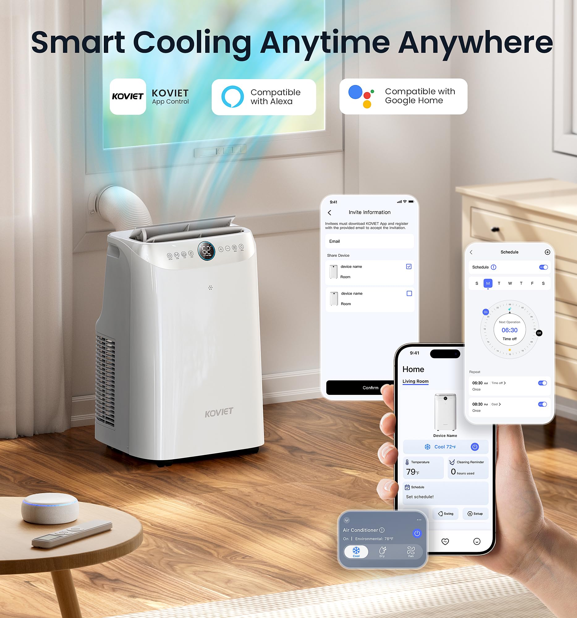 Koviet 12000 Btu Portable Air Conditioners, 6-In-1 Wi-Fi Smart Ac Unit With App & Voice & Remote Control, Auto-Evaporation, Quie