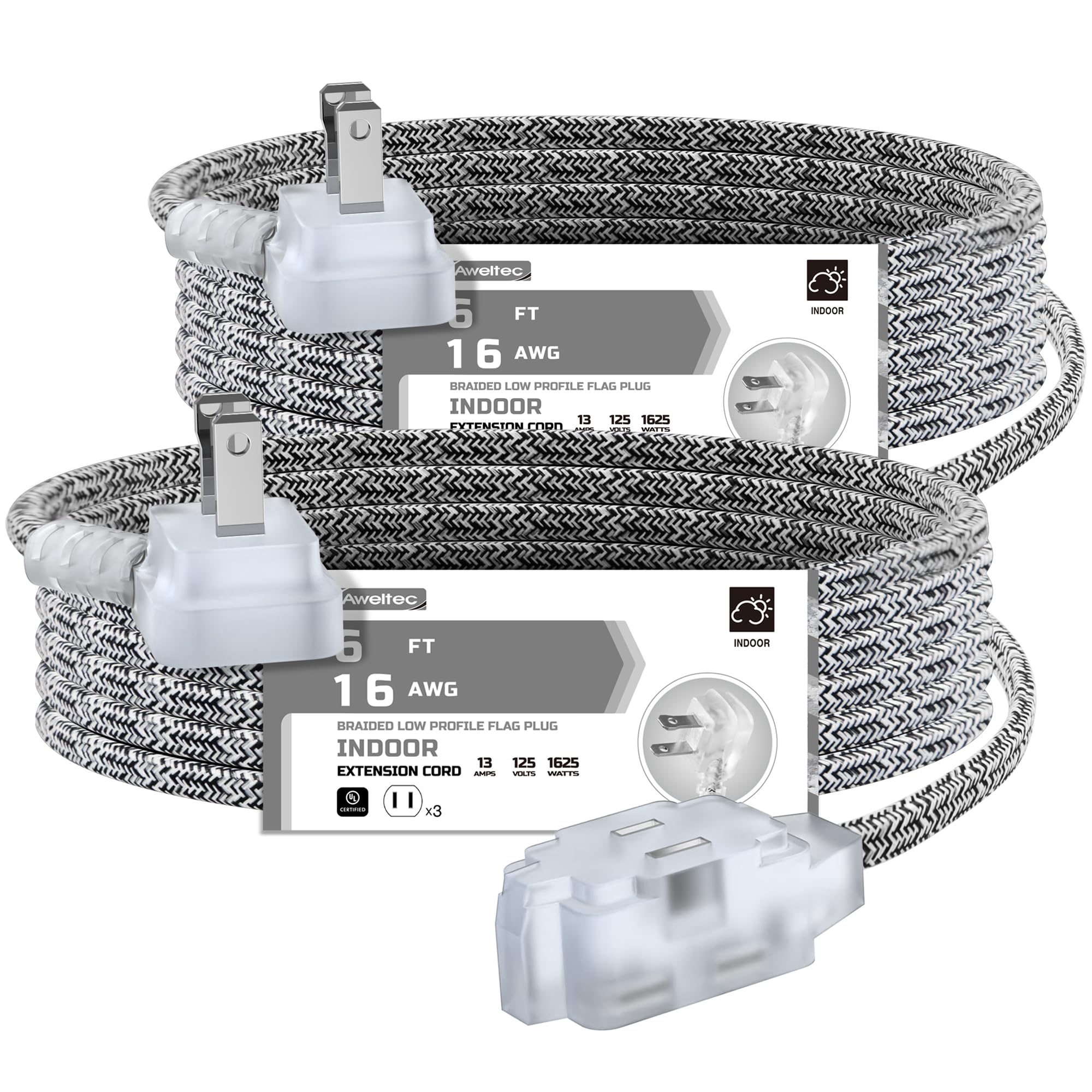 Awletec 2 Pack Extension Cord 3 Outlet, 6 Ft Braided Cable, 3 Polarized Outlets With Safety Cap Protect For Home Office, 16/2 Sp